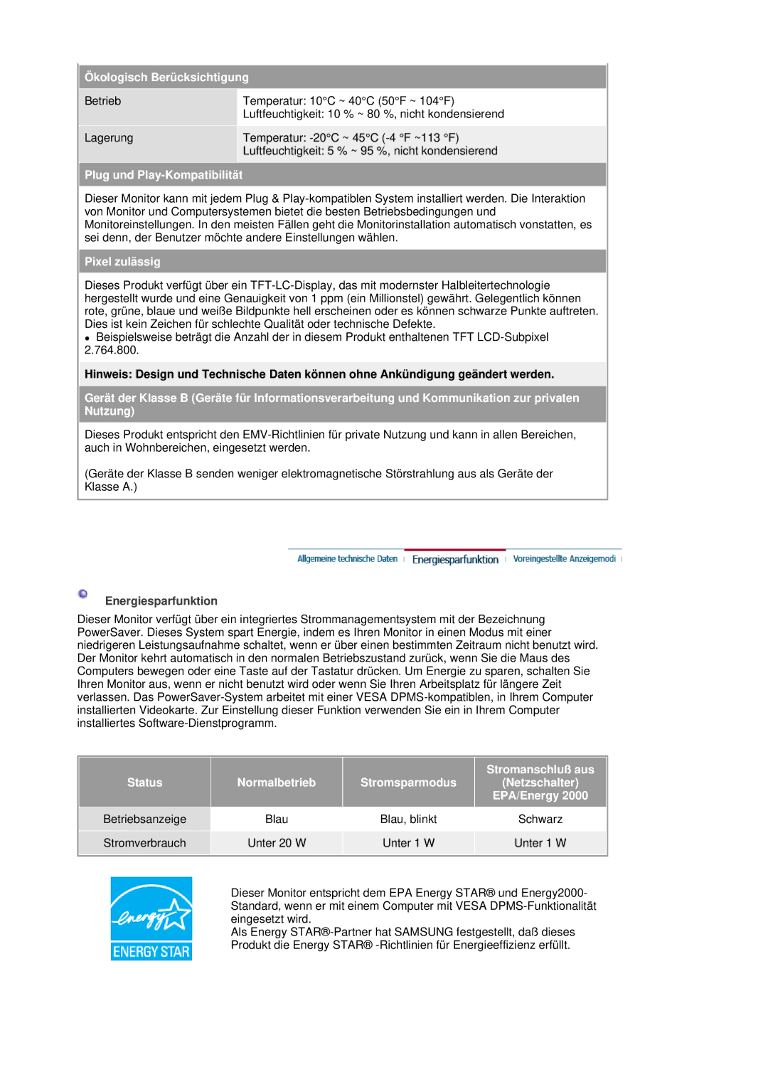 Samsung LS19HANSSB/EDC manual Ökologisch Berücksichtigung, Energiesparfunktion 