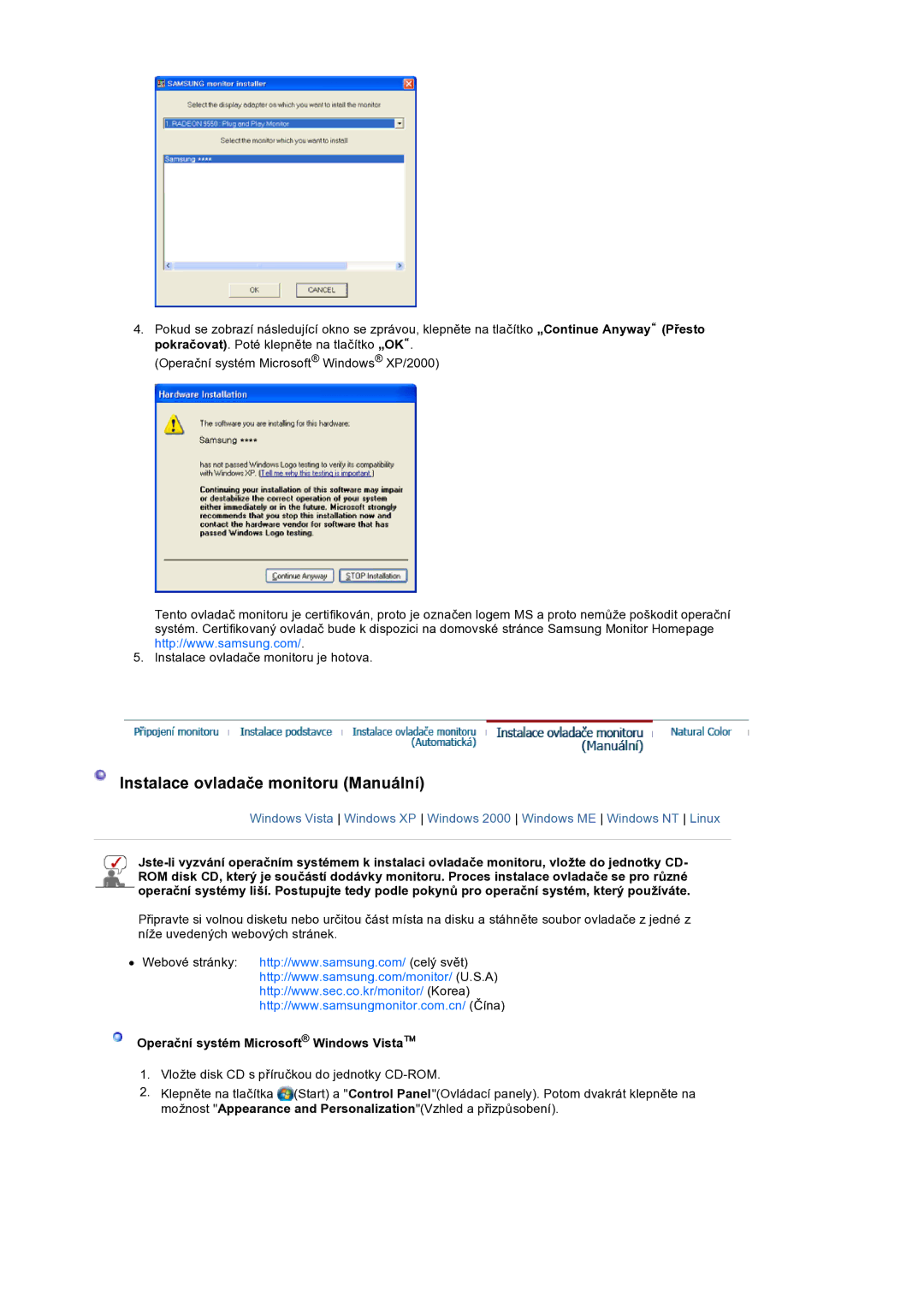 Samsung LS19HANSSB/EDC manual Instalace ovladače monitoru Manuální 