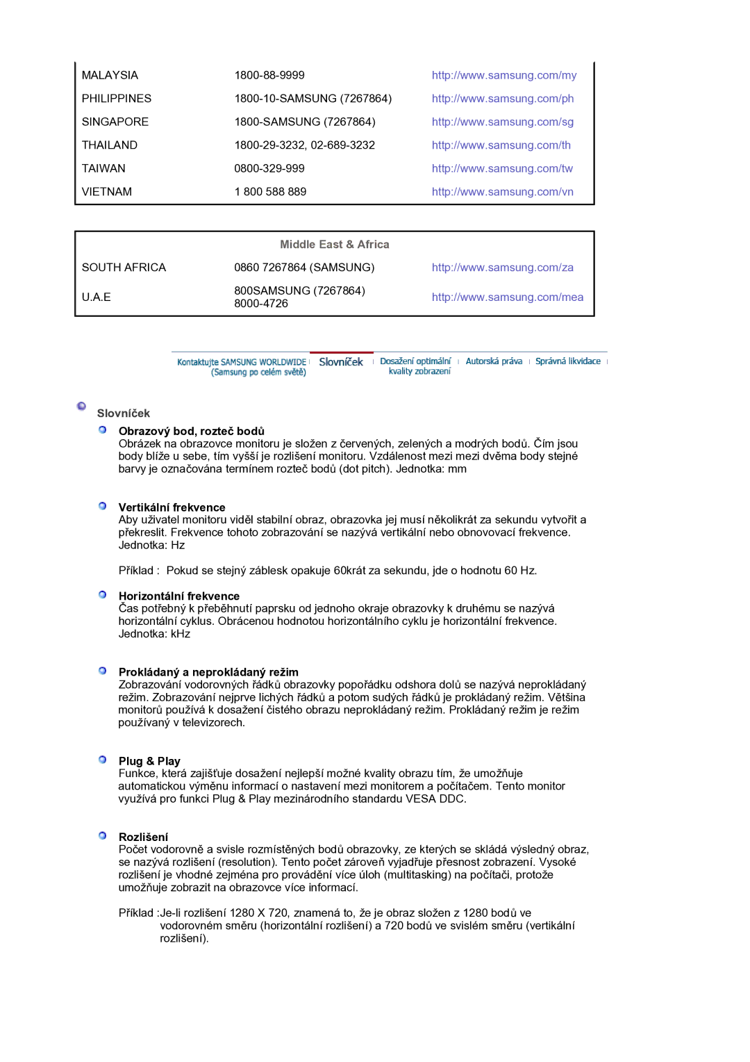 Samsung LS19HANSSB/EDC Obrazový bod, rozteč bodů, Vertikální frekvence, Horizontální frekvence, Plug & Play, Rozlišení 