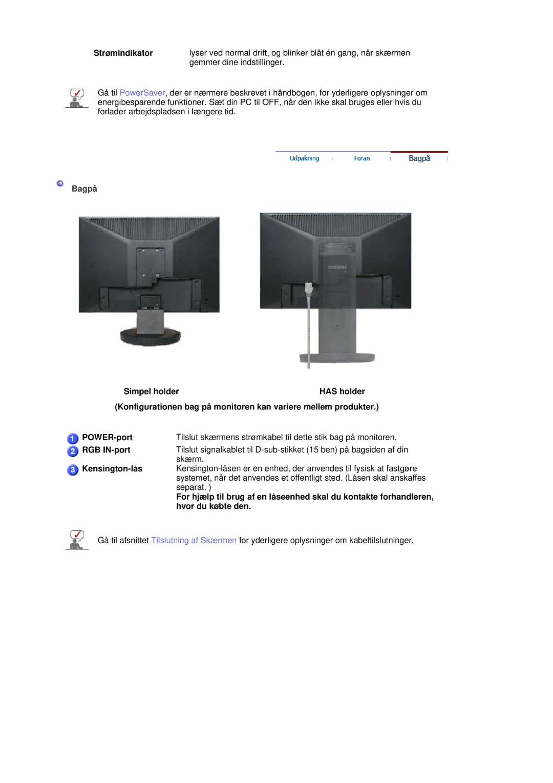 Samsung LS19HANSSB/EDC manual Strømindikator, RGB IN-port 