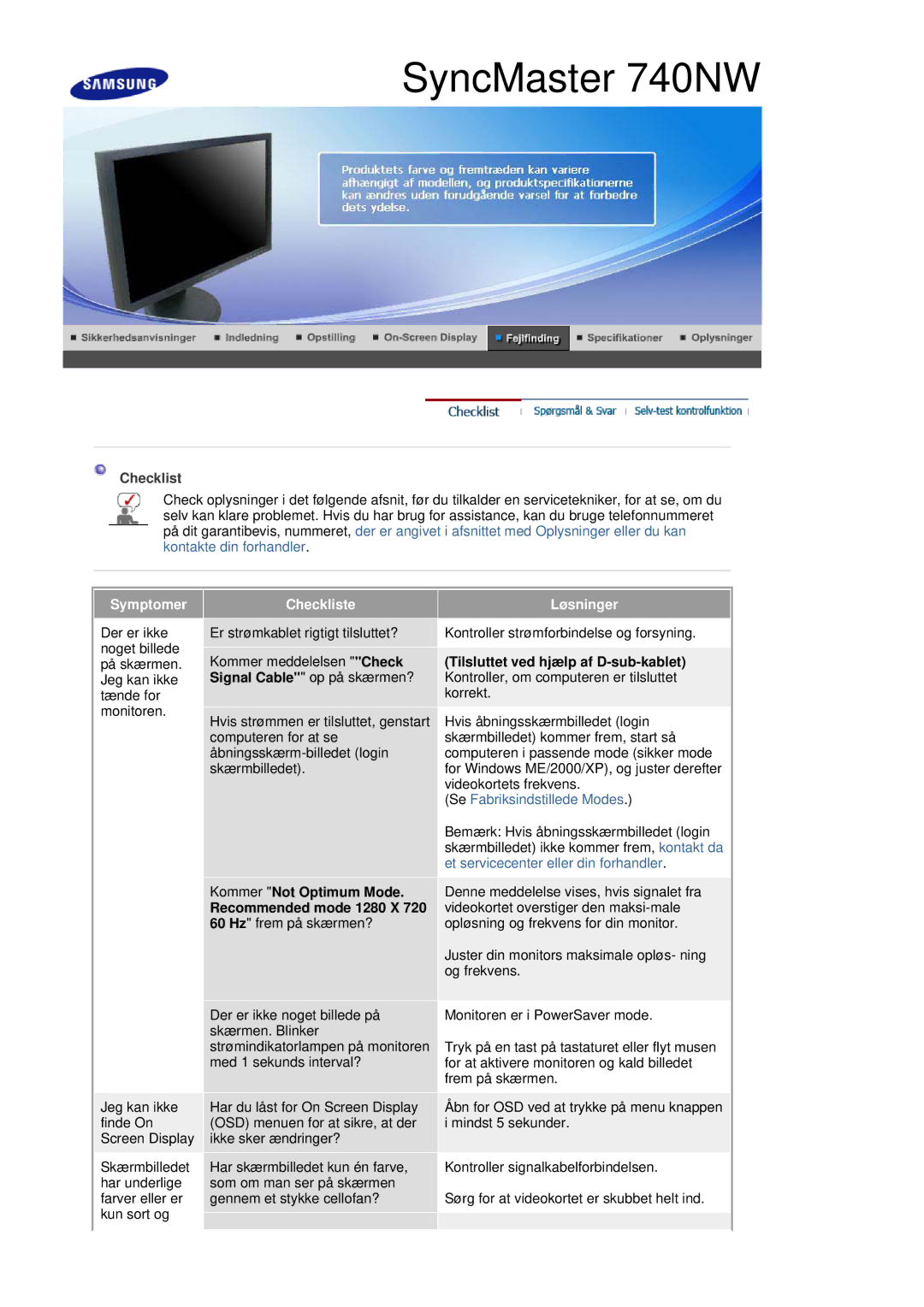 Samsung LS19HANSSB/EDC manual Checklist, Kommer Not Optimum Mode Recommended mode 1280 X 