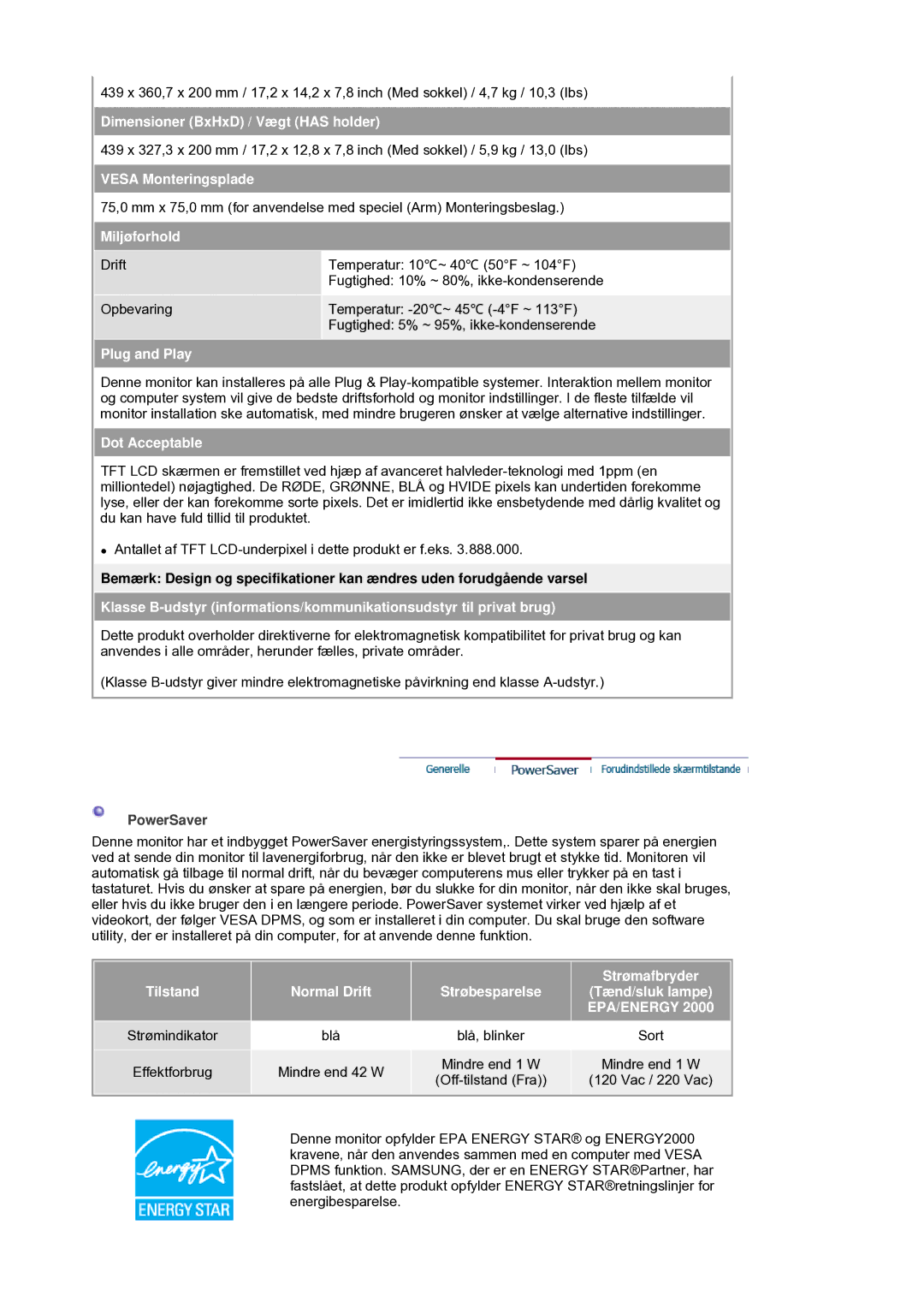 Samsung LS19HANSSB/EDC manual Dimensioner BxHxD / Vægt has holder 