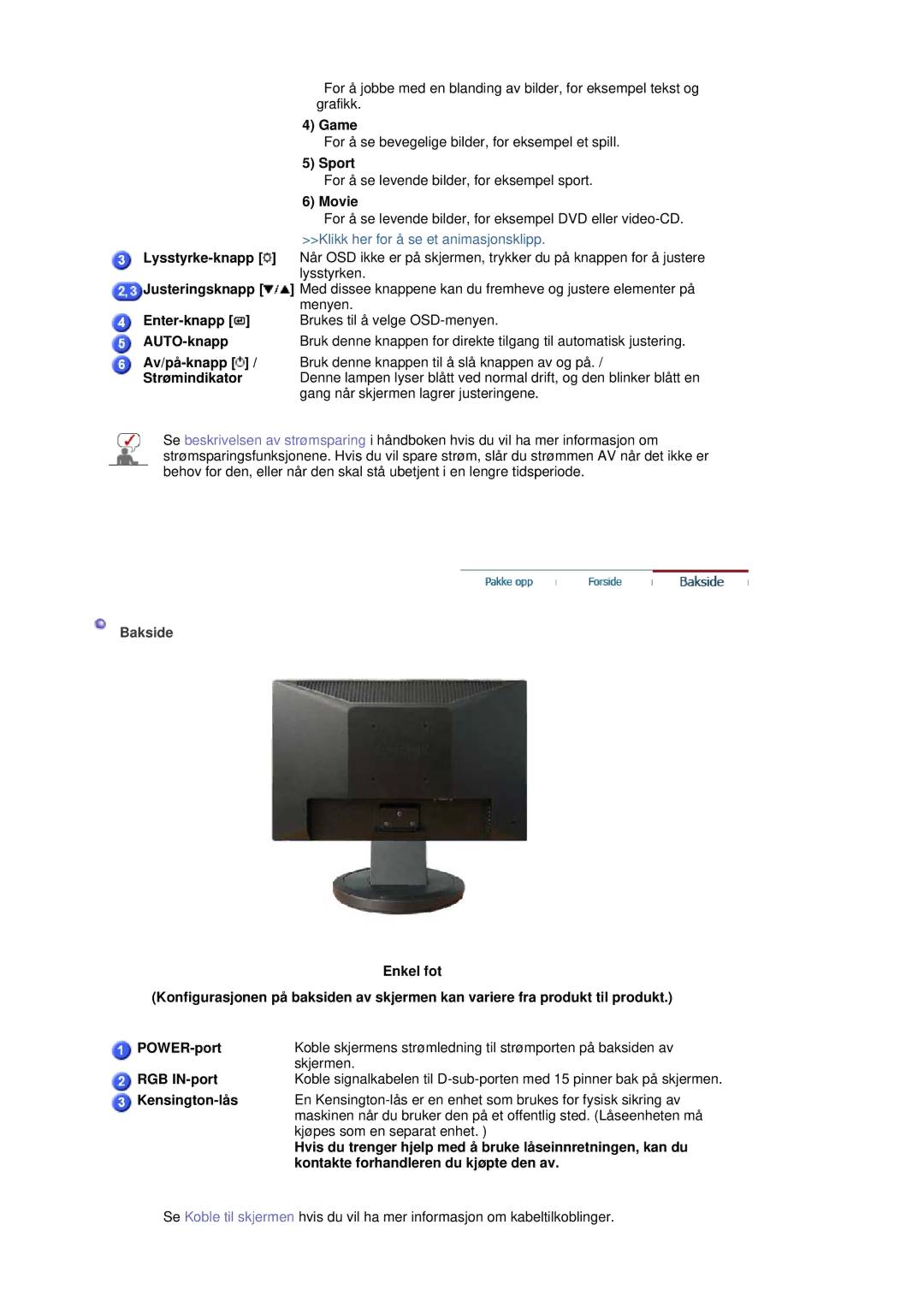 Samsung LS19HANSSB/EDC manual Game, Sport, Movie, Enter-knapp, AUTO-knapp, Av/på-knapp, Strømindikator, RGB IN-port 