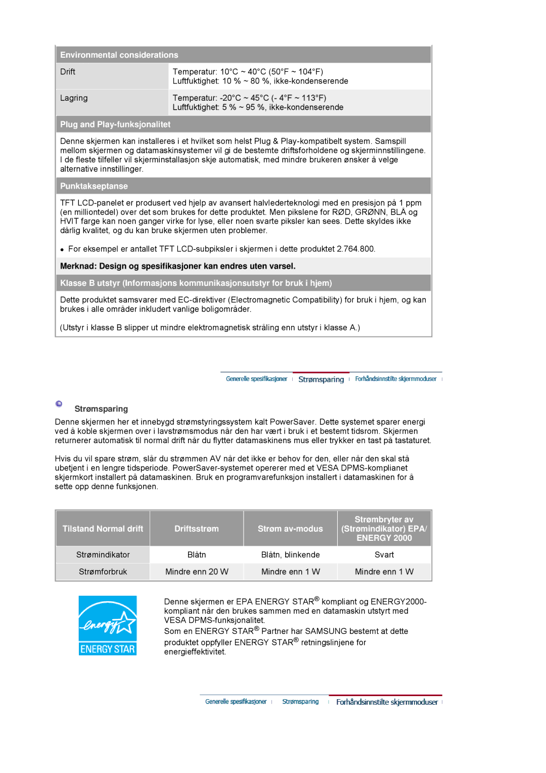 Samsung LS19HANSSB/EDC manual Environmental considerations, Merknad Design og spesifikasjoner kan endres uten varsel 