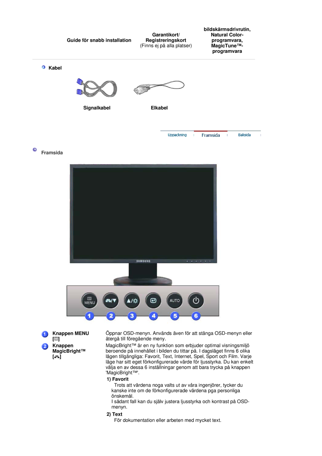 Samsung LS19HANSSB/EDC Bildskärmsdrivrutin, MagicTune, Kabel SignalkabelElkabel, Knappen Menu, MagicBright, Favorit, Text 