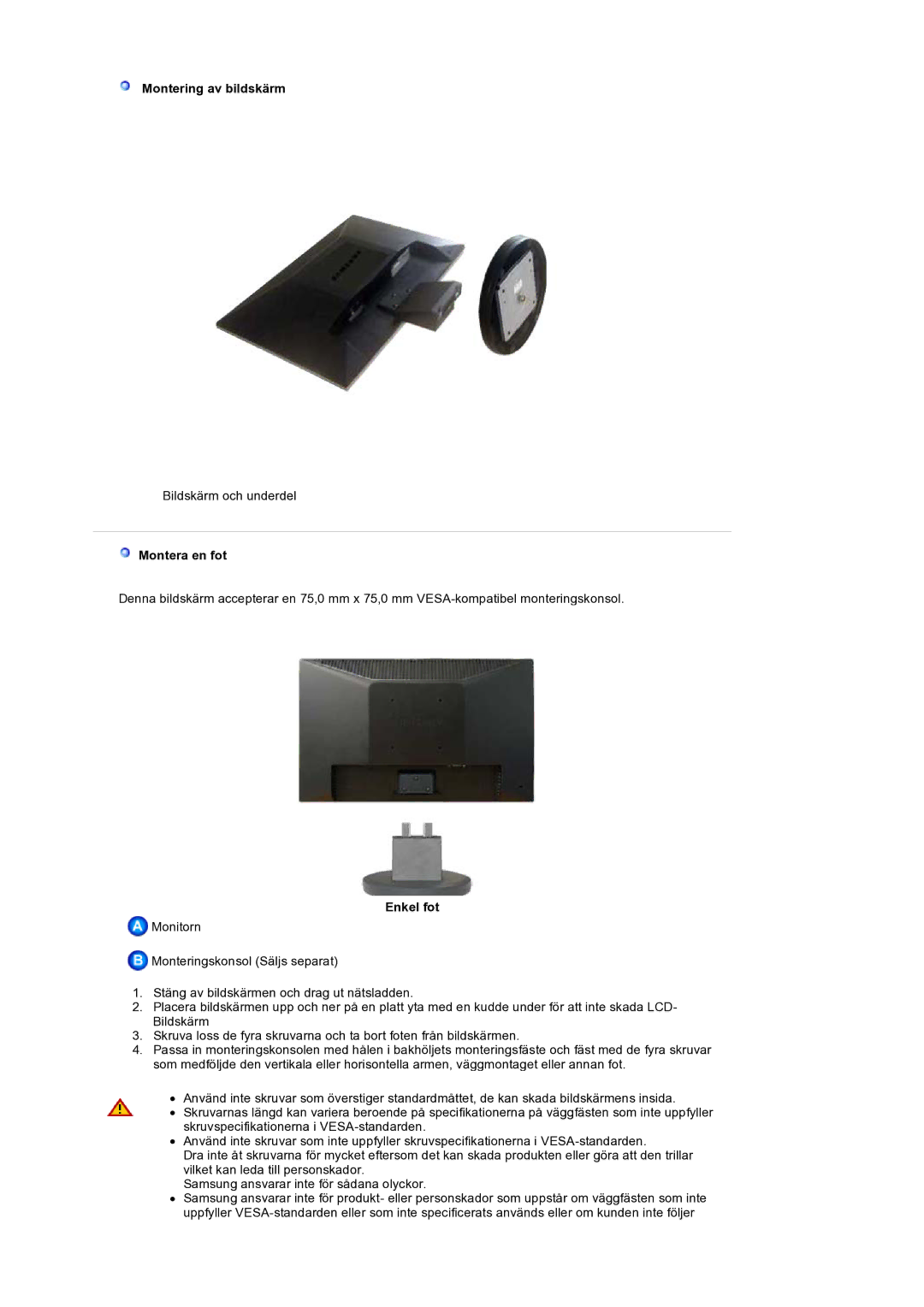 Samsung LS19HANSSB/EDC manual Montering av bildskärm, Montera en fot, Enkel fot 