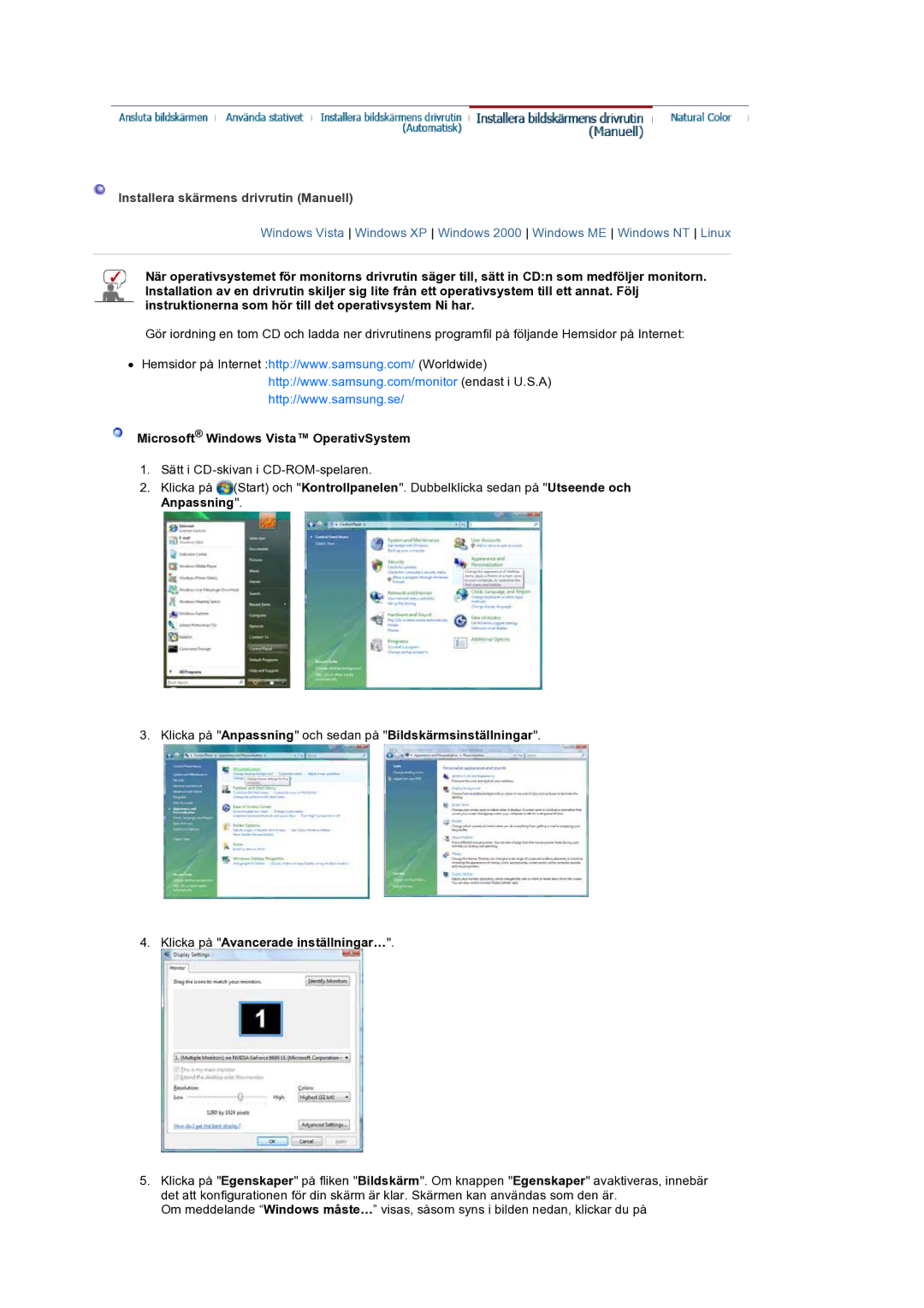 Samsung LS19HANSSB/EDC manual Installera skärmens drivrutin Manuell, Microsoft Windows Vista OperativSystem 