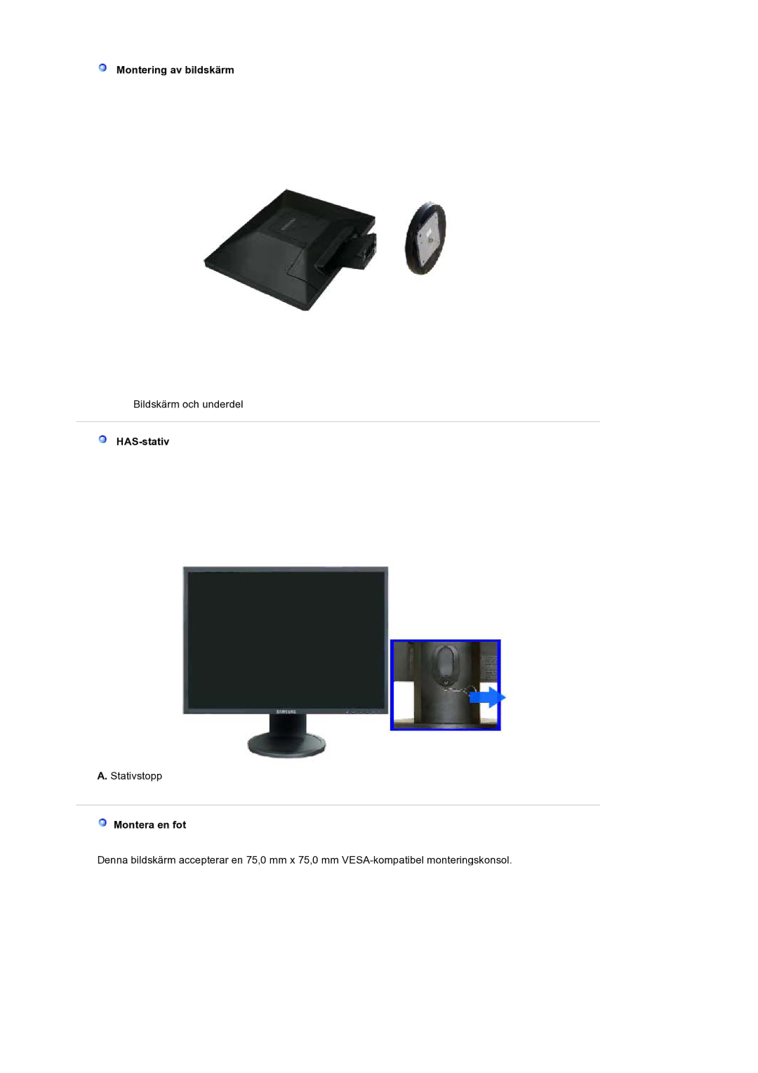 Samsung LS19HANSSB/EDC manual Montering av bildskärm, HAS-stativ 