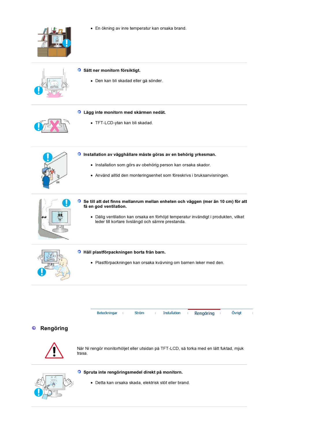 Samsung LS19HANSSB/EDC manual Sätt ner monitorn försiktigt, Lägg inte monitorn med skärmen nedåt 