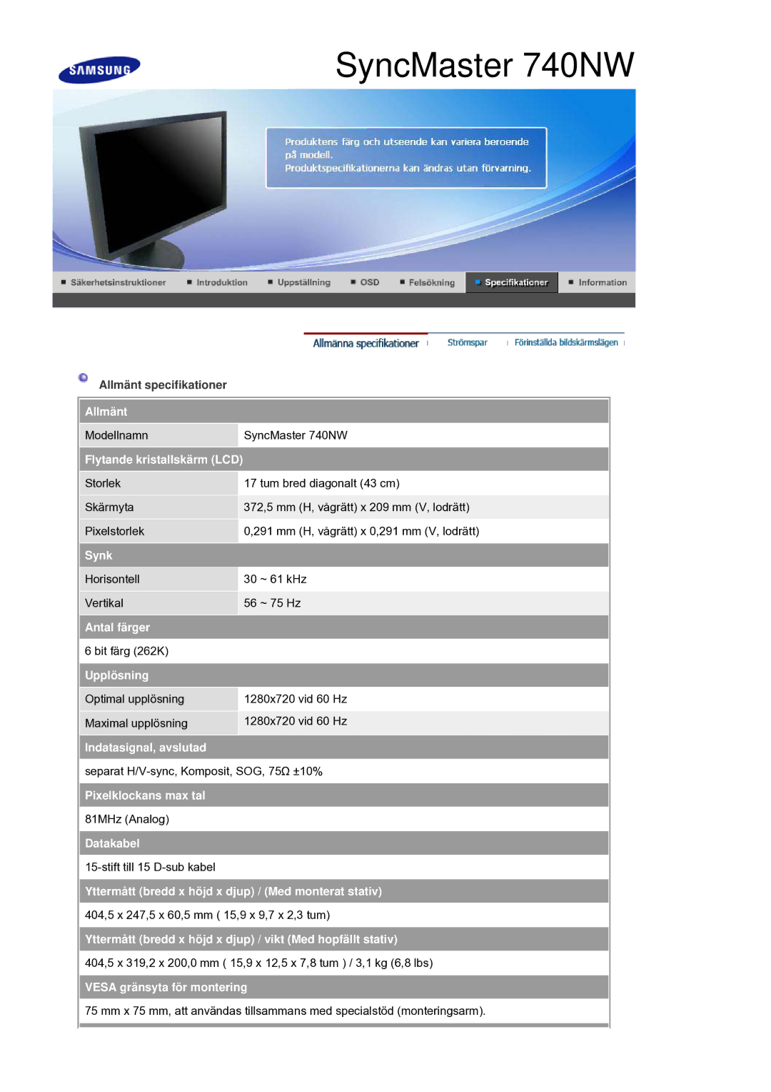 Samsung LS19HANSSB/EDC manual Allmänt, Flytande kristallskärm LCD, Synk, Antal färger, Upplösning, Indatasignal, avslutad 