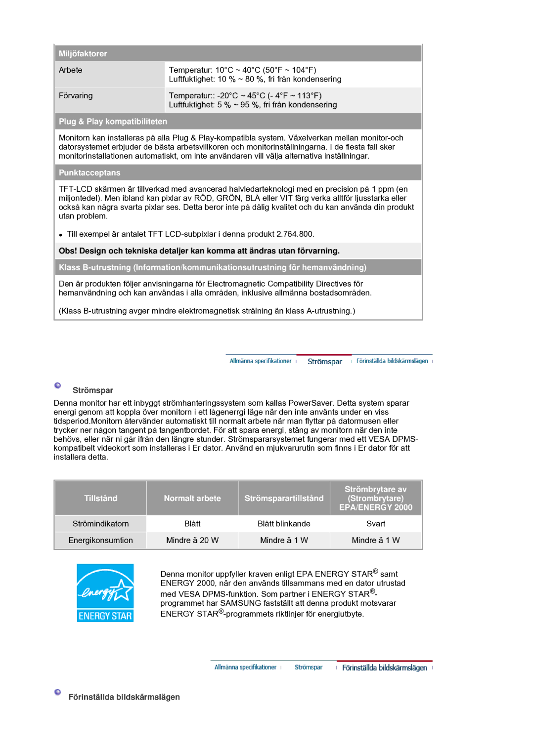 Samsung LS19HANSSB/EDC manual Miljöfaktorer, Plug & Play kompatibiliteten, Punktacceptans, Strömbrytare av, Tillstånd 