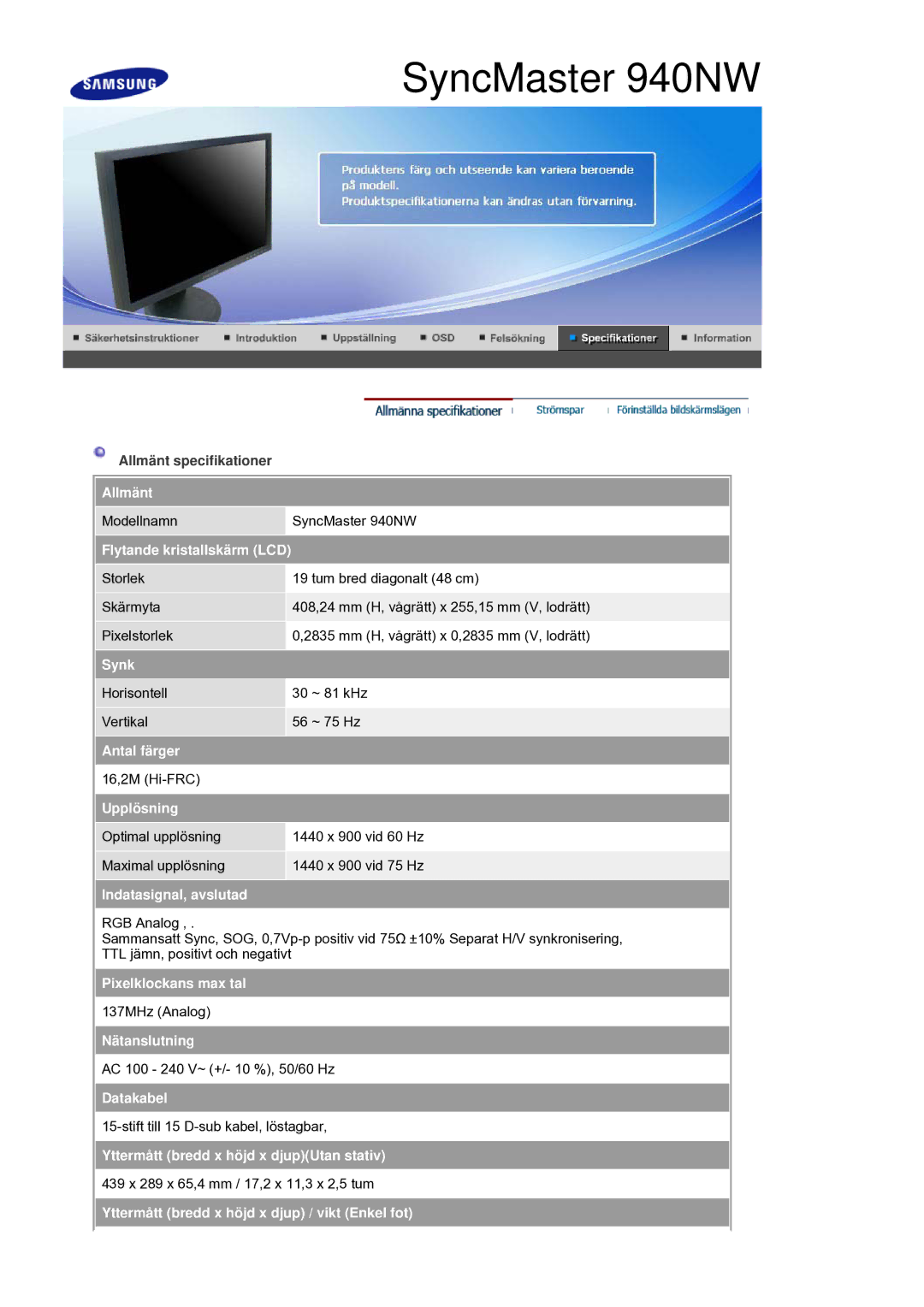 Samsung LS19HANSSB/EDC manual Pixelklockans max tal 137MHz Analog Nätanslutning, Yttermått bredd x höjd x djupUtan stativ 