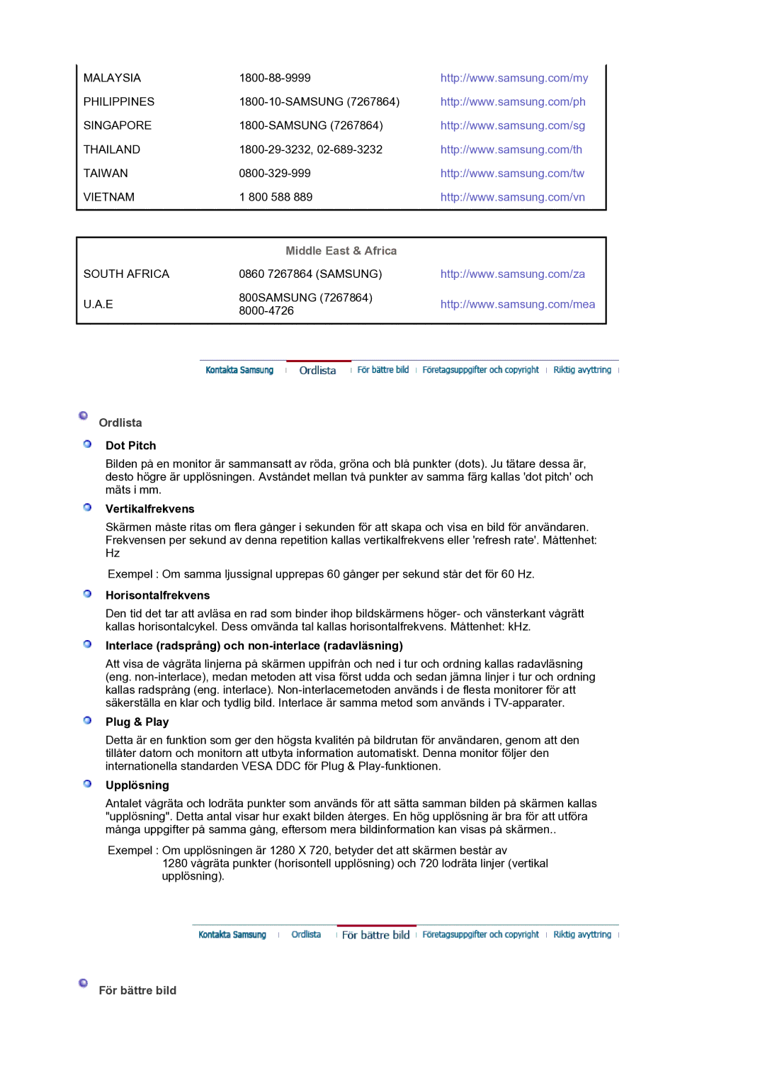 Samsung LS19HANSSB/EDC Dot Pitch, Vertikalfrekvens, Horisontalfrekvens, Interlace radsprång och non-interlace radavläsning 