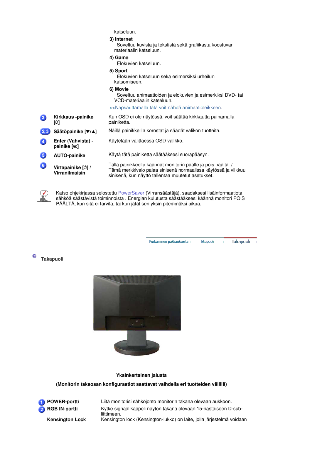 Samsung LS19HANSSB/EDC manual Internet, Game, Sport, Movie, RGB IN-portti, Kensington Lock 