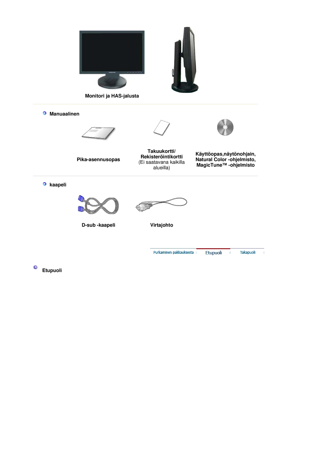 Samsung LS19HANSSB/EDC manual Kaapeli Sub -kaapeliVirtajohto Etupuoli, Ei saatavana kaikilla 