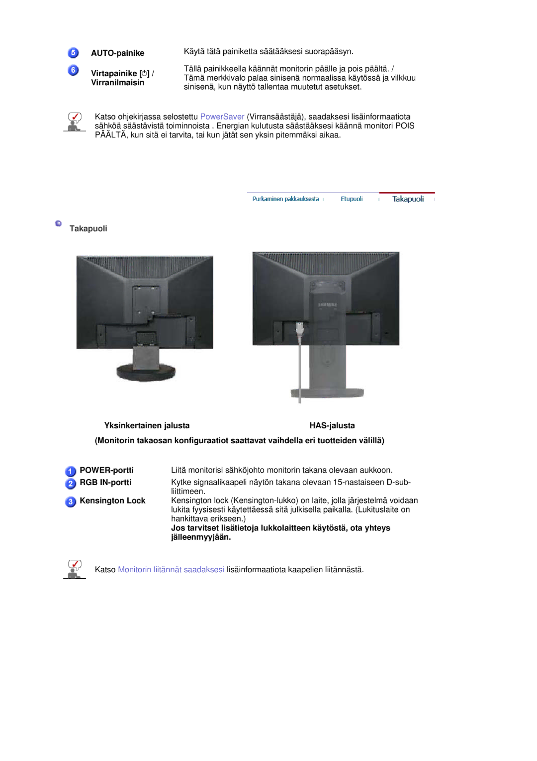 Samsung LS19HANSSB/EDC manual AUTO-painike Virtapainike / Virranilmaisin, RGB IN-portti 