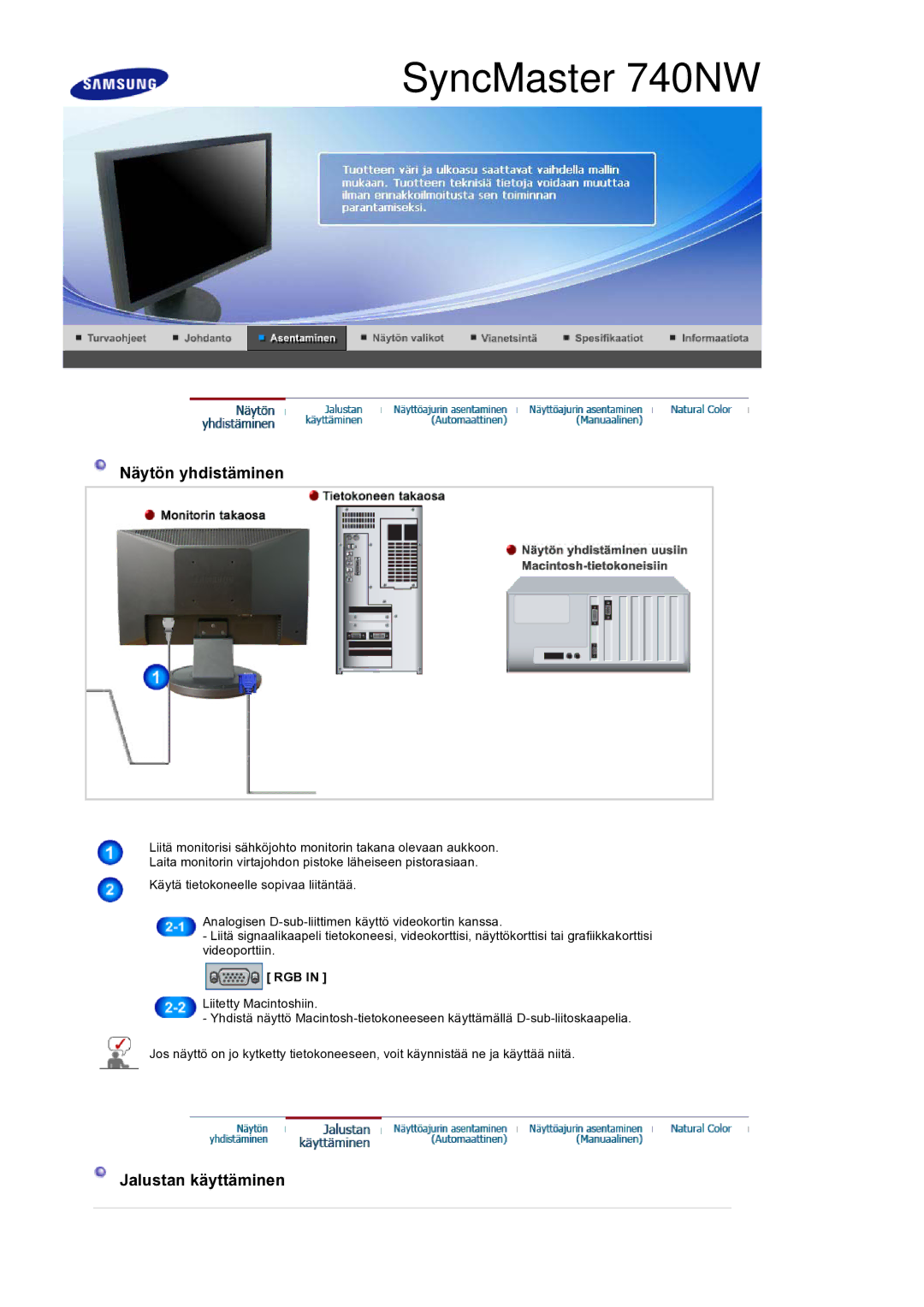 Samsung LS19HANSSB/EDC manual Näytön yhdistäminen, Jalustan käyttäminen, Rgb 