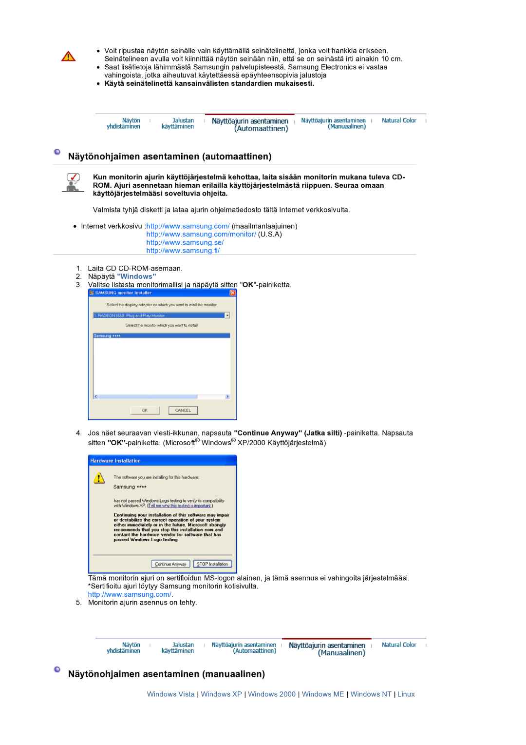 Samsung LS19HANSSB/EDC manual Näytönohjaimen asentaminen automaattinen, Näytönohjaimen asentaminen manuaalinen 