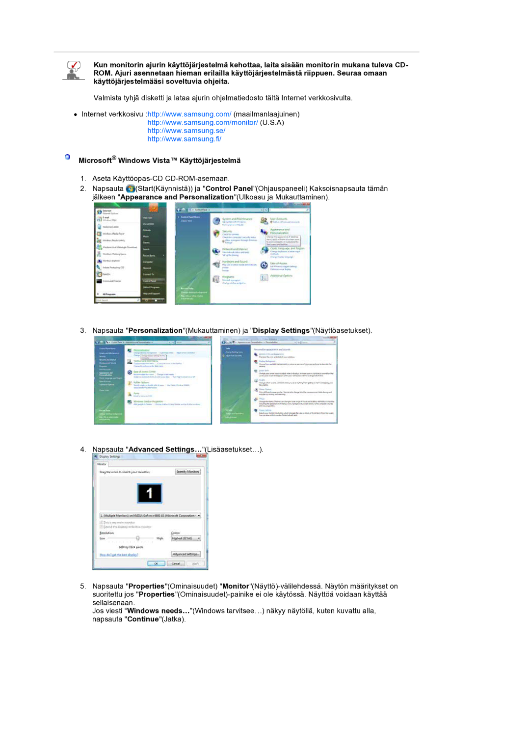 Samsung LS19HANSSB/EDC manual Microsoft Windows Vista Käyttöjärjestelmä 