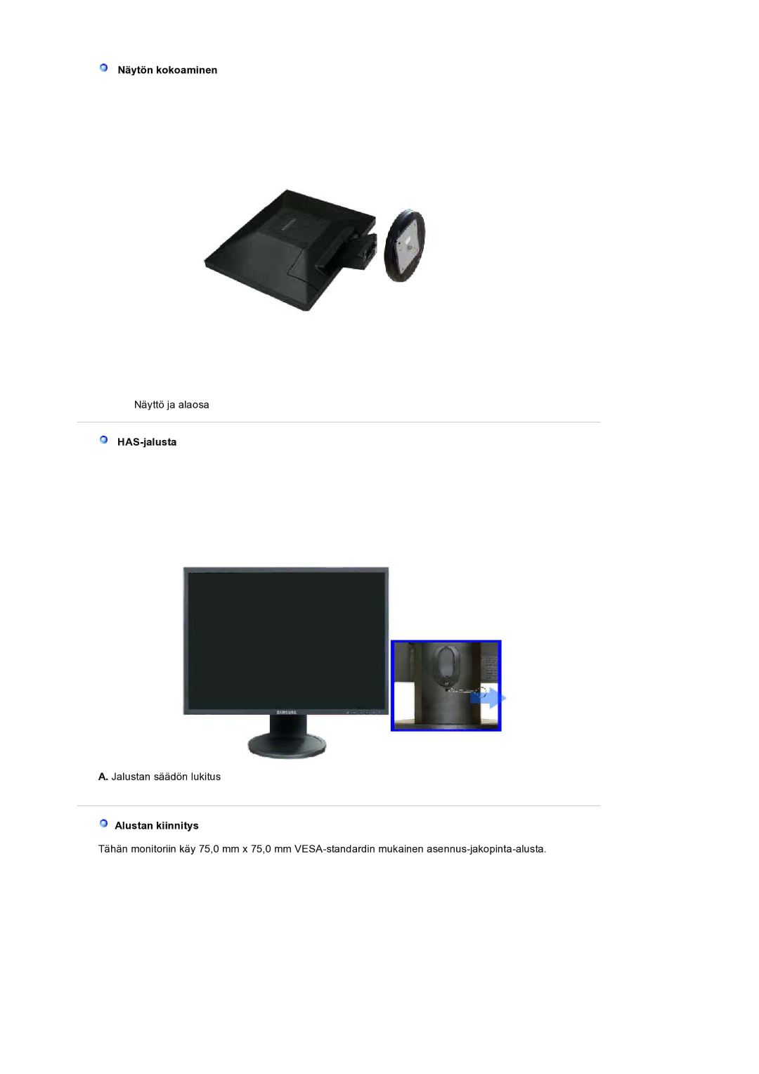 Samsung LS19HANSSB/EDC manual Näytön kokoaminen, HAS-jalusta 