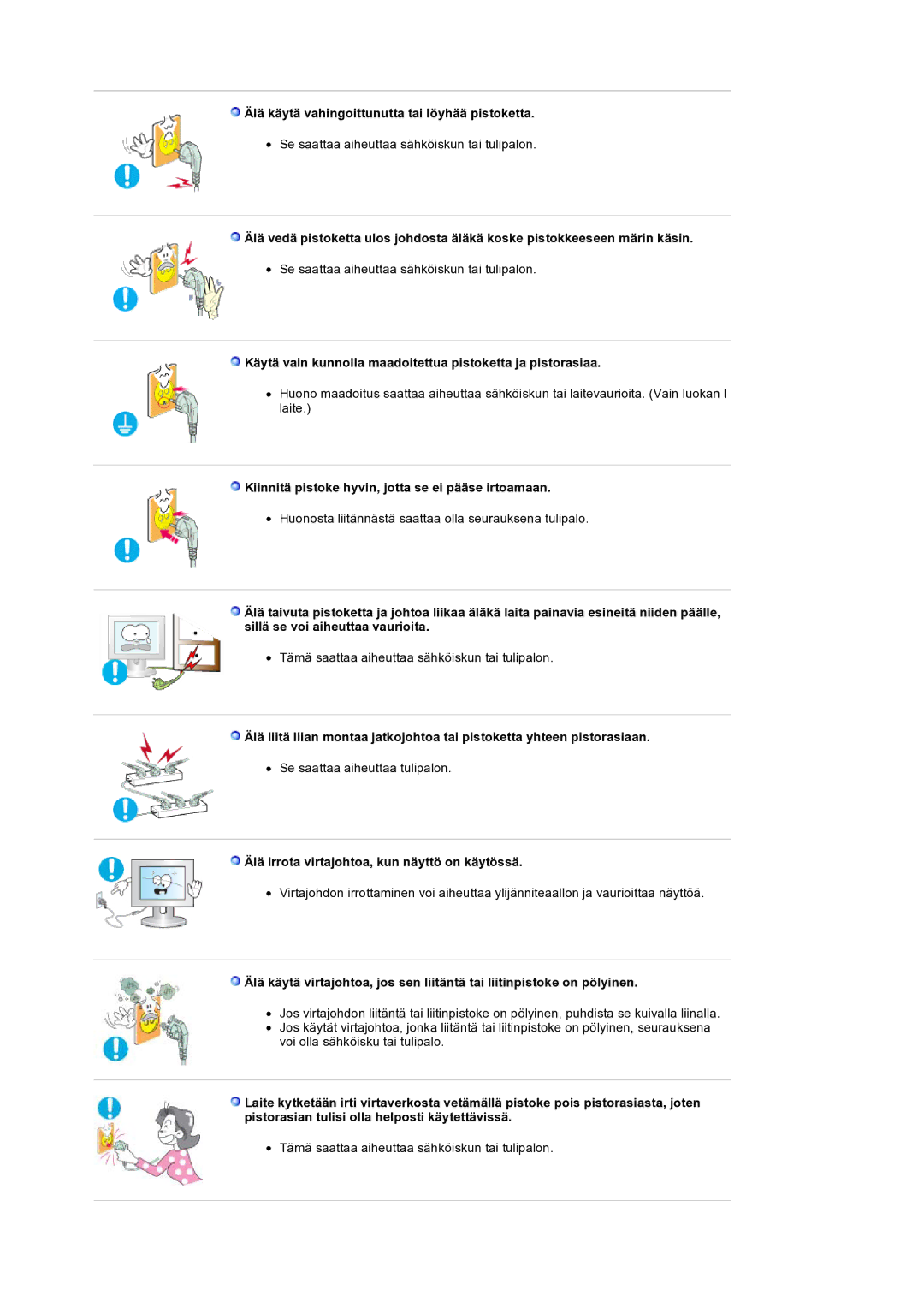 Samsung LS19HANSSB/EDC Älä käytä vahingoittunutta tai löyhää pistoketta, Älä irrota virtajohtoa, kun näyttö on käytössä 