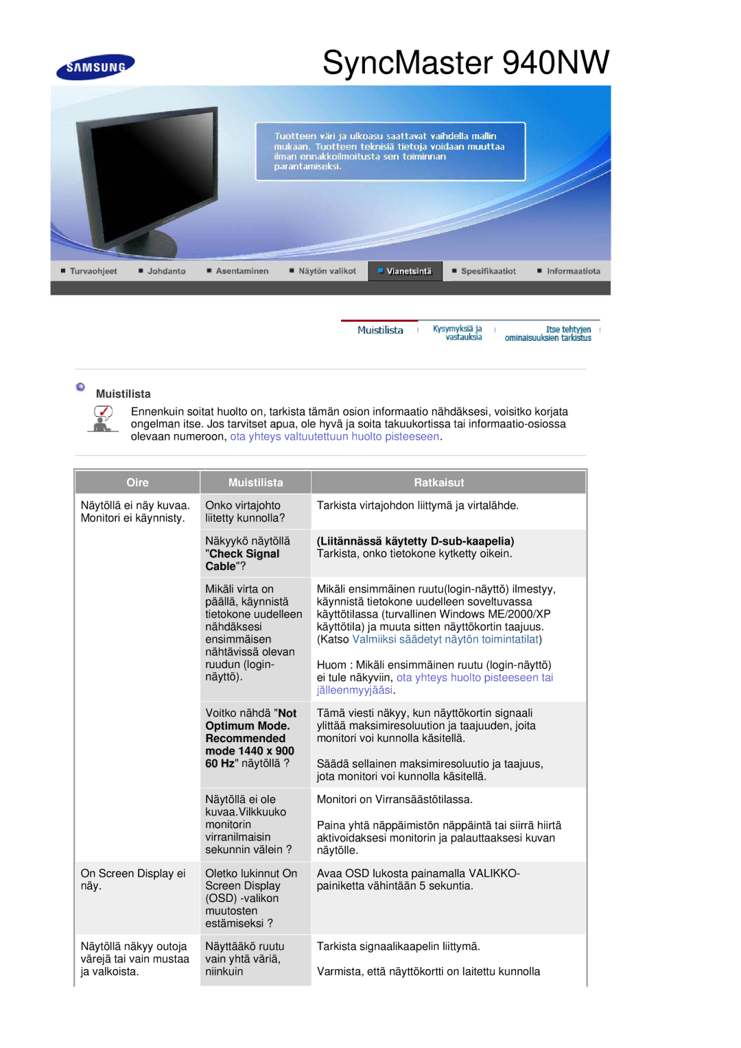 Samsung LS19HANSSB/EDC manual Oire Muistilista Ratkaisut, Mode 1440 x 