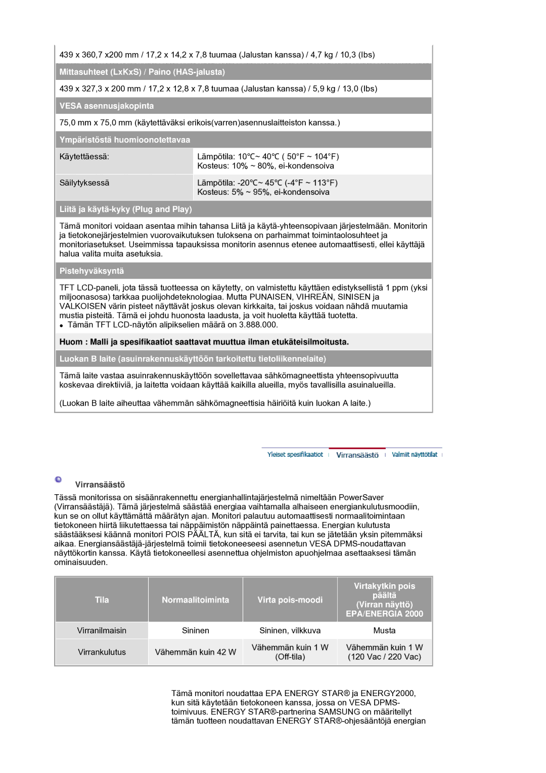 Samsung LS19HANSSB/EDC manual Mittasuhteet LxKxS / Paino HAS-jalusta, Off-tila Vac / 220 Vac 