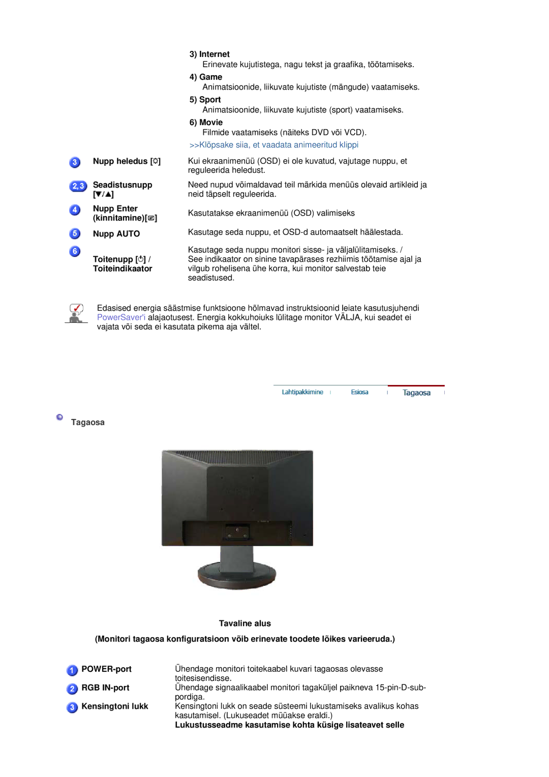 Samsung LS19HANSSB/EDC manual Game, Sport, Movie, Pordiga, Kensingtoni lukk, Kasutamisel. Lukuseadet müüakse eraldi 