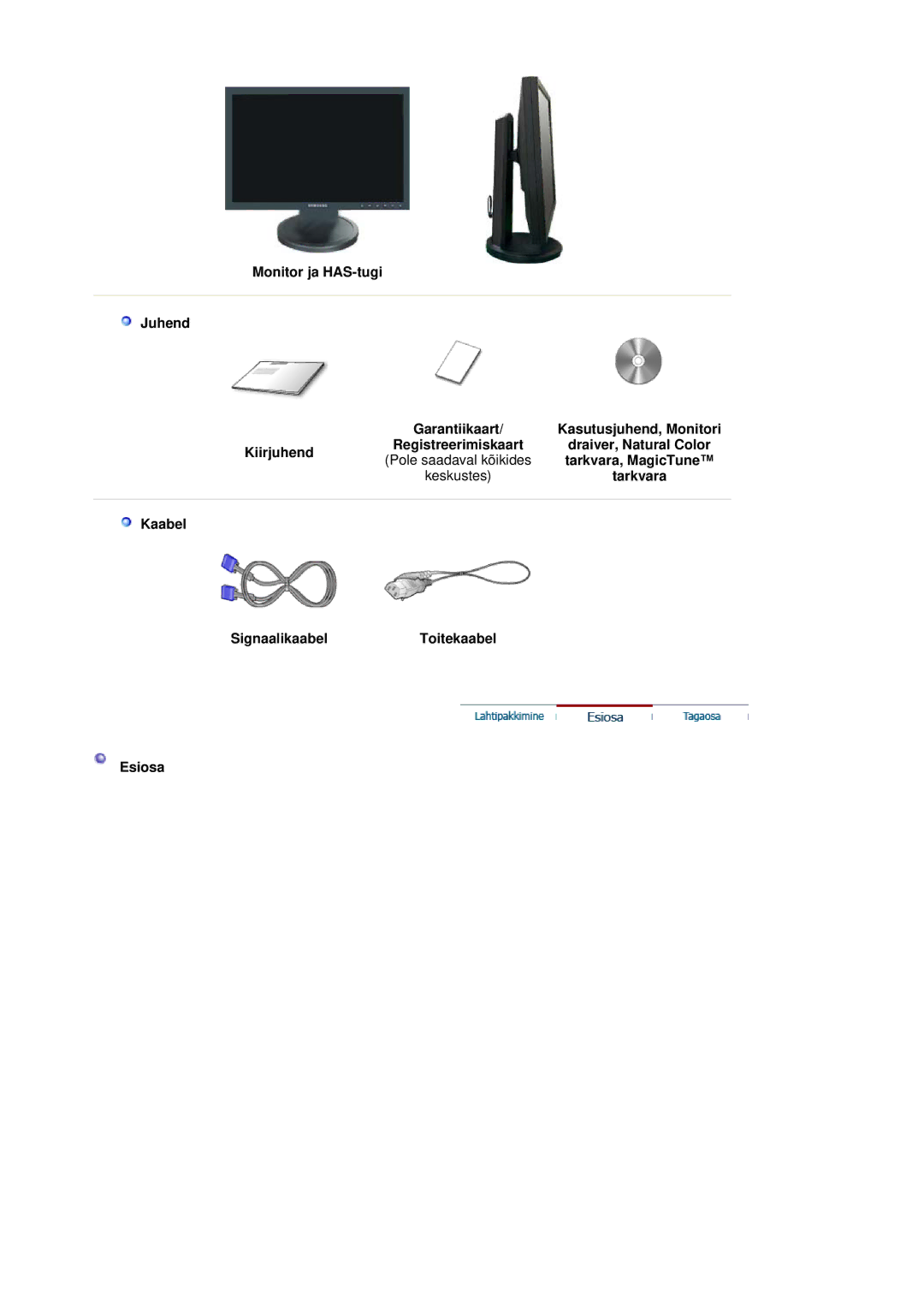 Samsung LS19HANSSB/EDC manual Kaabel SignaalikaabelToitekaabel Esiosa, Registreerimiskaart 