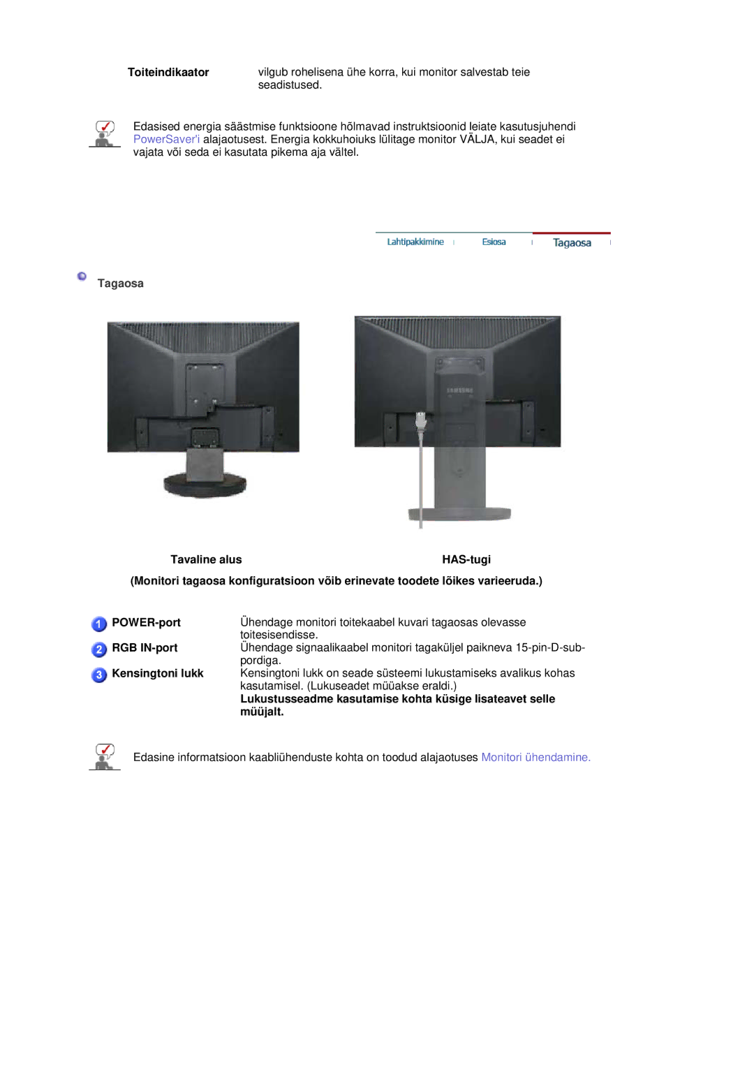 Samsung LS19HANSSB/EDC manual Toiteindikaator, Pordiga Kensingtoni lukk 