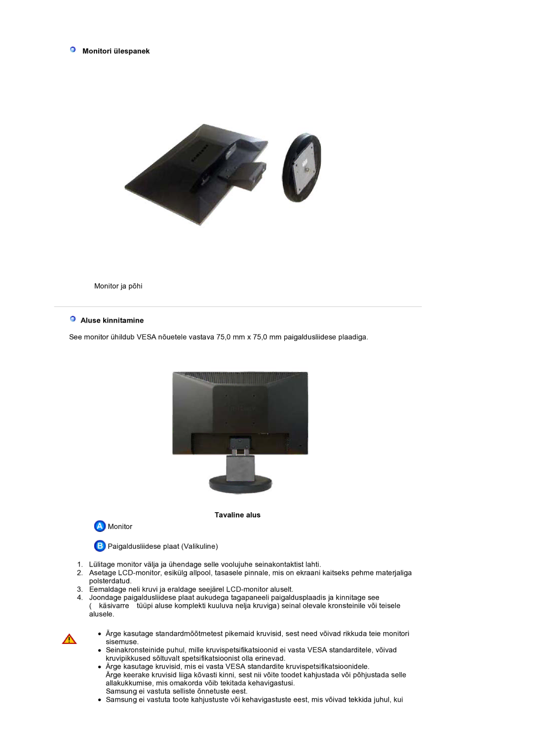 Samsung LS19HANSSB/EDC manual Monitori ülespanek, Aluse kinnitamine, Tavaline alus 