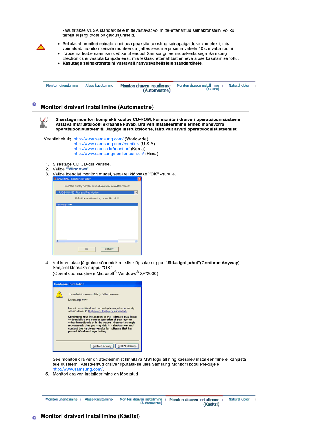 Samsung LS19HANSSB/EDC manual Monitori draiveri installimine Automaatne, Monitori draiveri installimine Käsitsi 