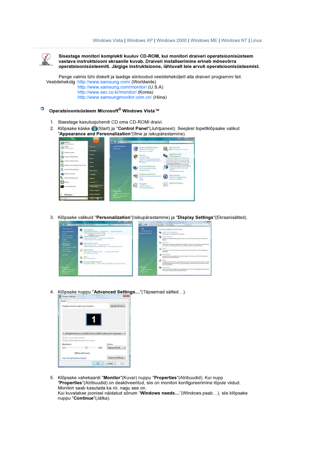 Samsung LS19HANSSB/EDC manual Operatsioonisüsteem Microsoft Windows Vista 