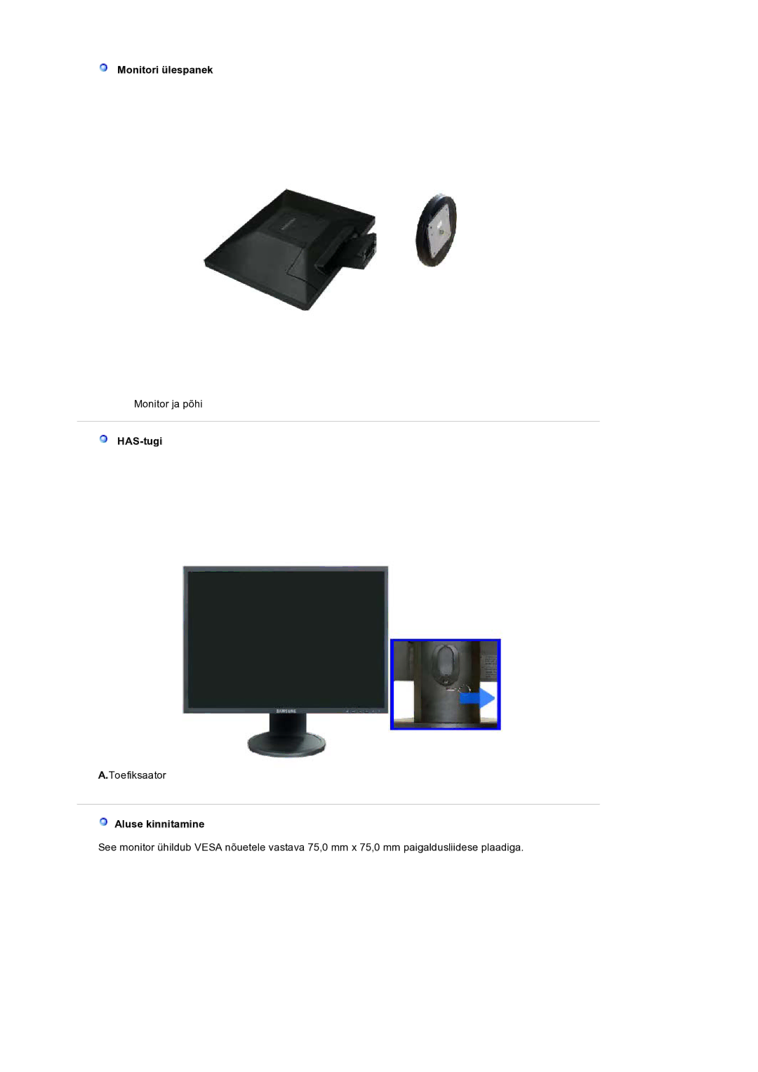 Samsung LS19HANSSB/EDC manual Monitori ülespanek, HAS-tugi 