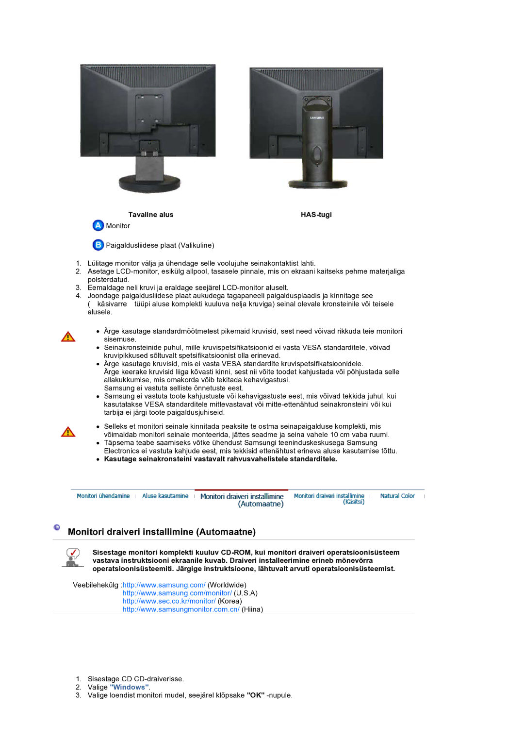 Samsung LS19HANSSB/EDC manual Monitori draiveri installimine Automaatne, Tavaline alus HAS-tugi 