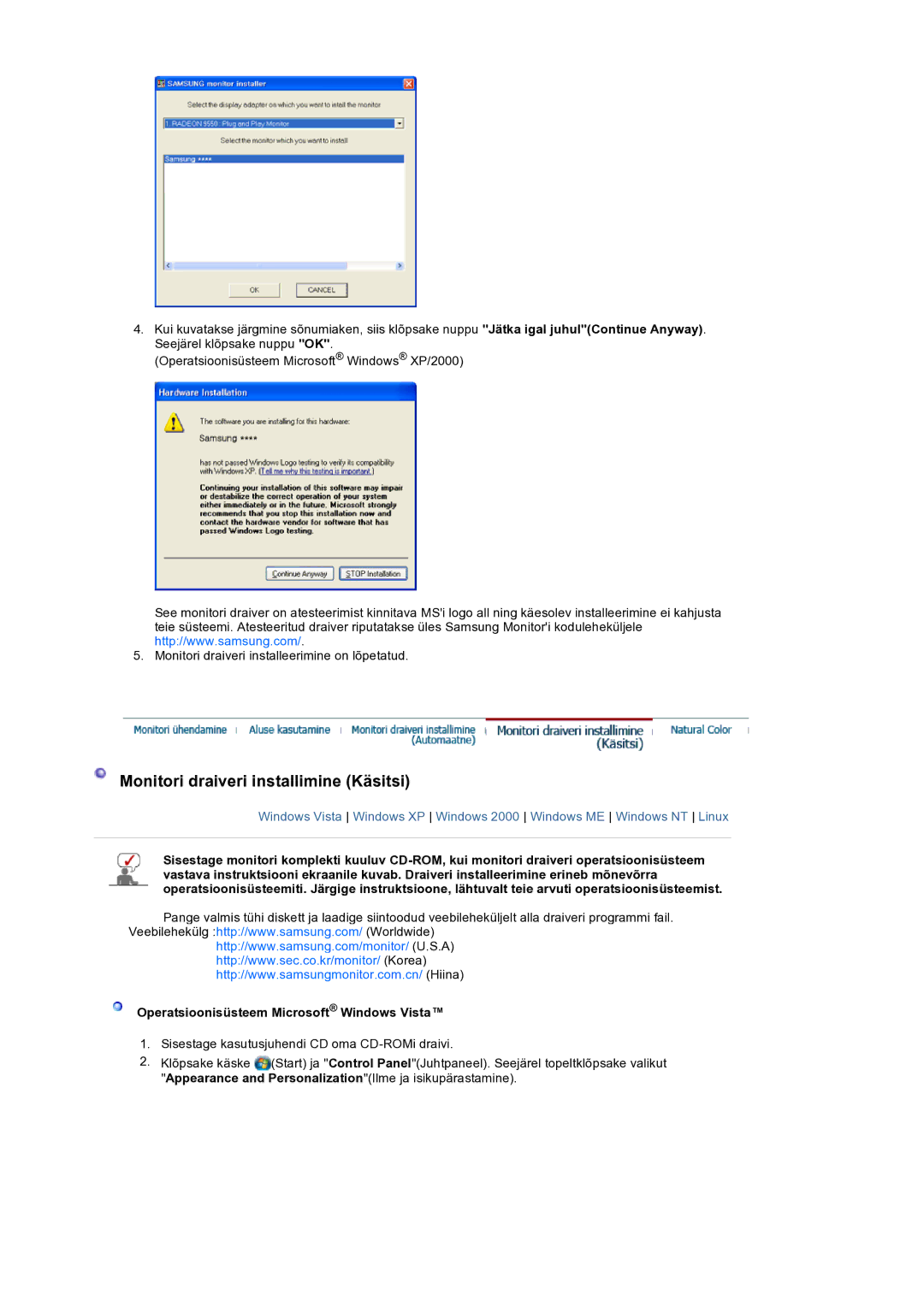 Samsung LS19HANSSB/EDC manual Monitori draiveri installimine Käsitsi 