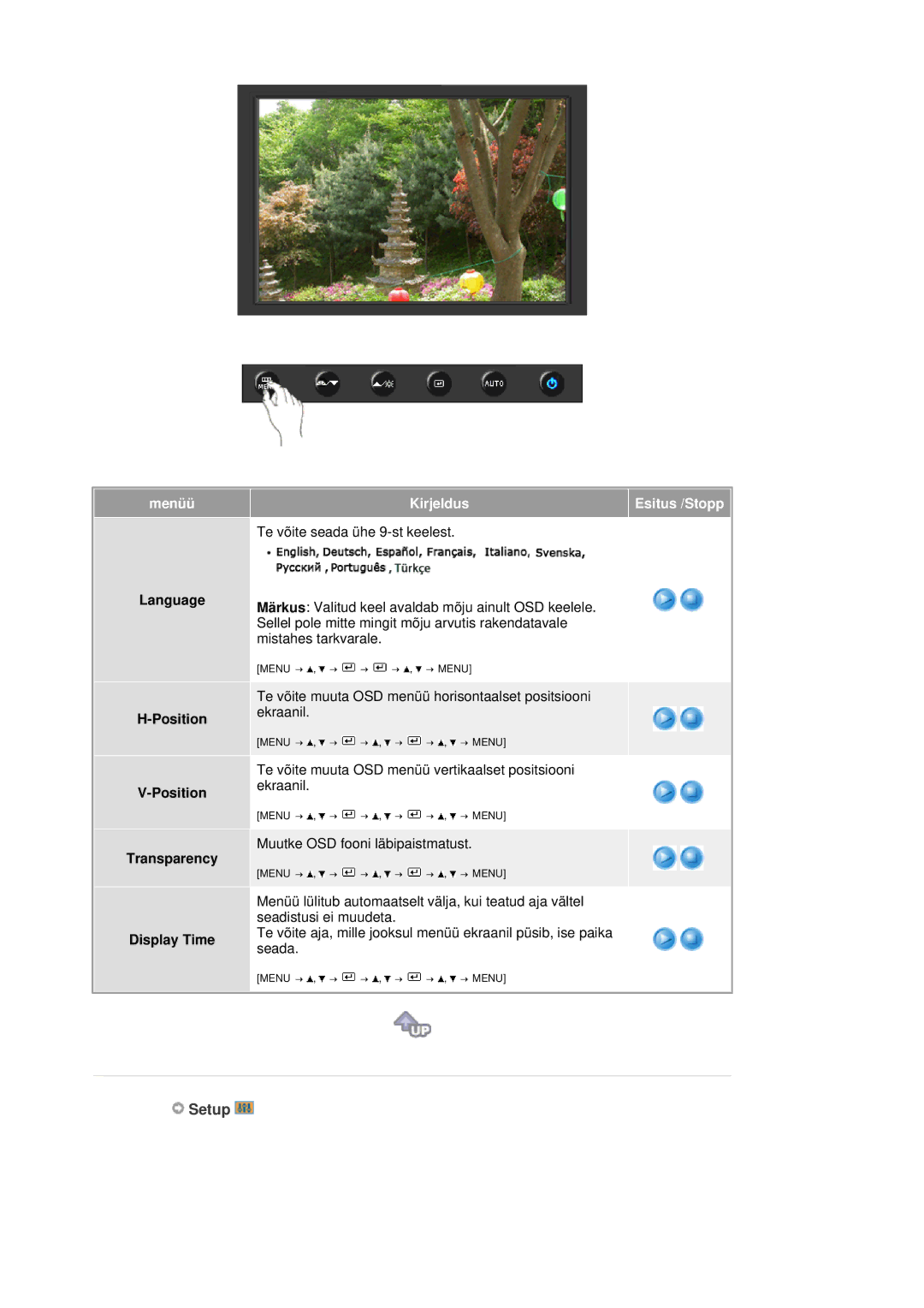 Samsung LS19HANSSB/EDC manual Setup, Language Position Transparency Display Time 