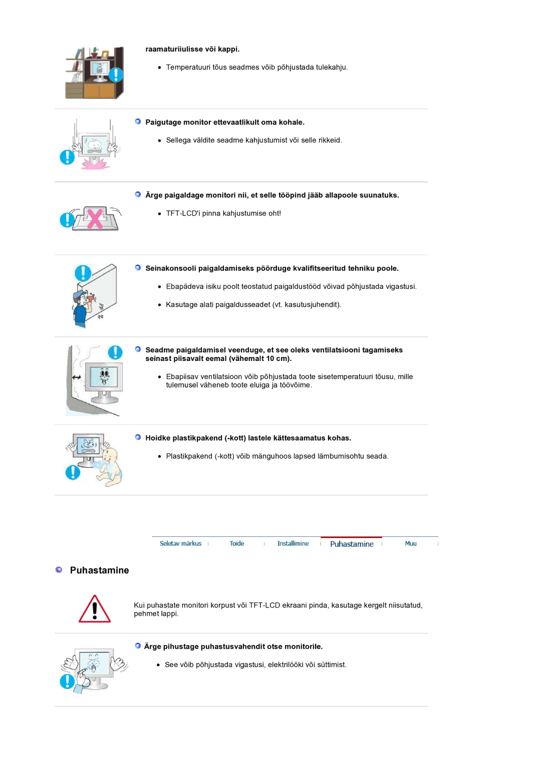 Samsung LS19HANSSB/EDC manual Puhastamine, Raamaturiiulisse või kappi, Paigutage monitor ettevaatlikult oma kohale 