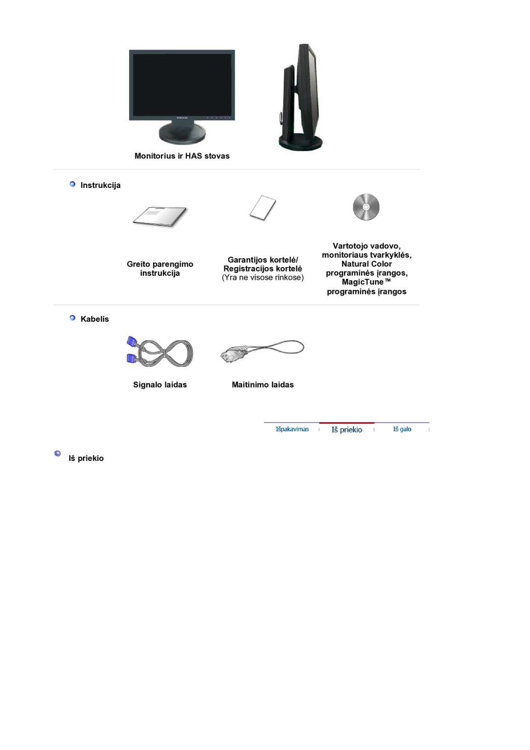 Samsung LS19HANSSB/EDC manual Kabelis Signalo laidas Maitinimo laidas Iš priekio, Yra ne visose rinkose 