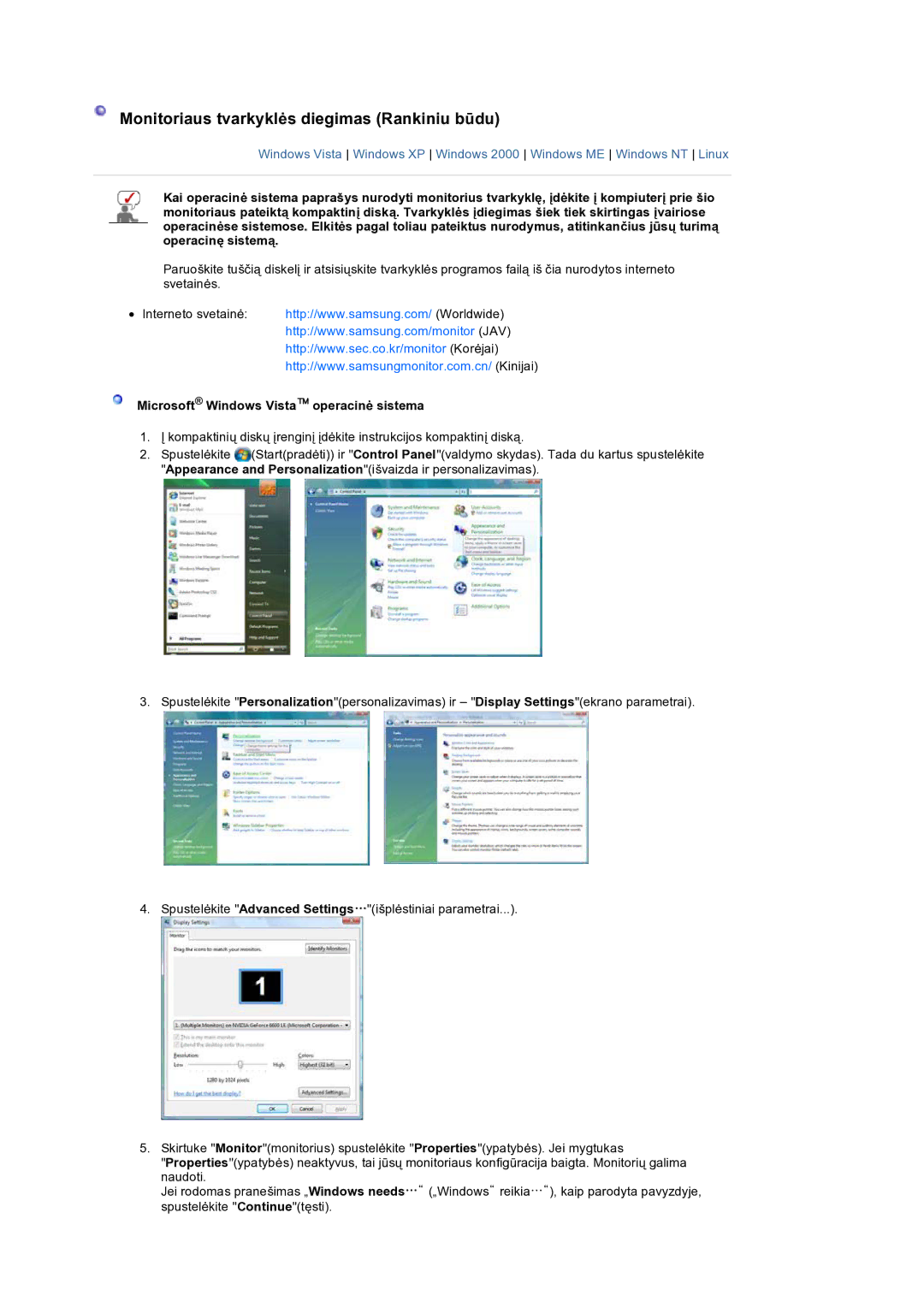 Samsung LS19HANSSB/EDC manual Monitoriaus tvarkyklės diegimas Rankiniu būdu, Microsoft Windows Vista operacinė sistema 