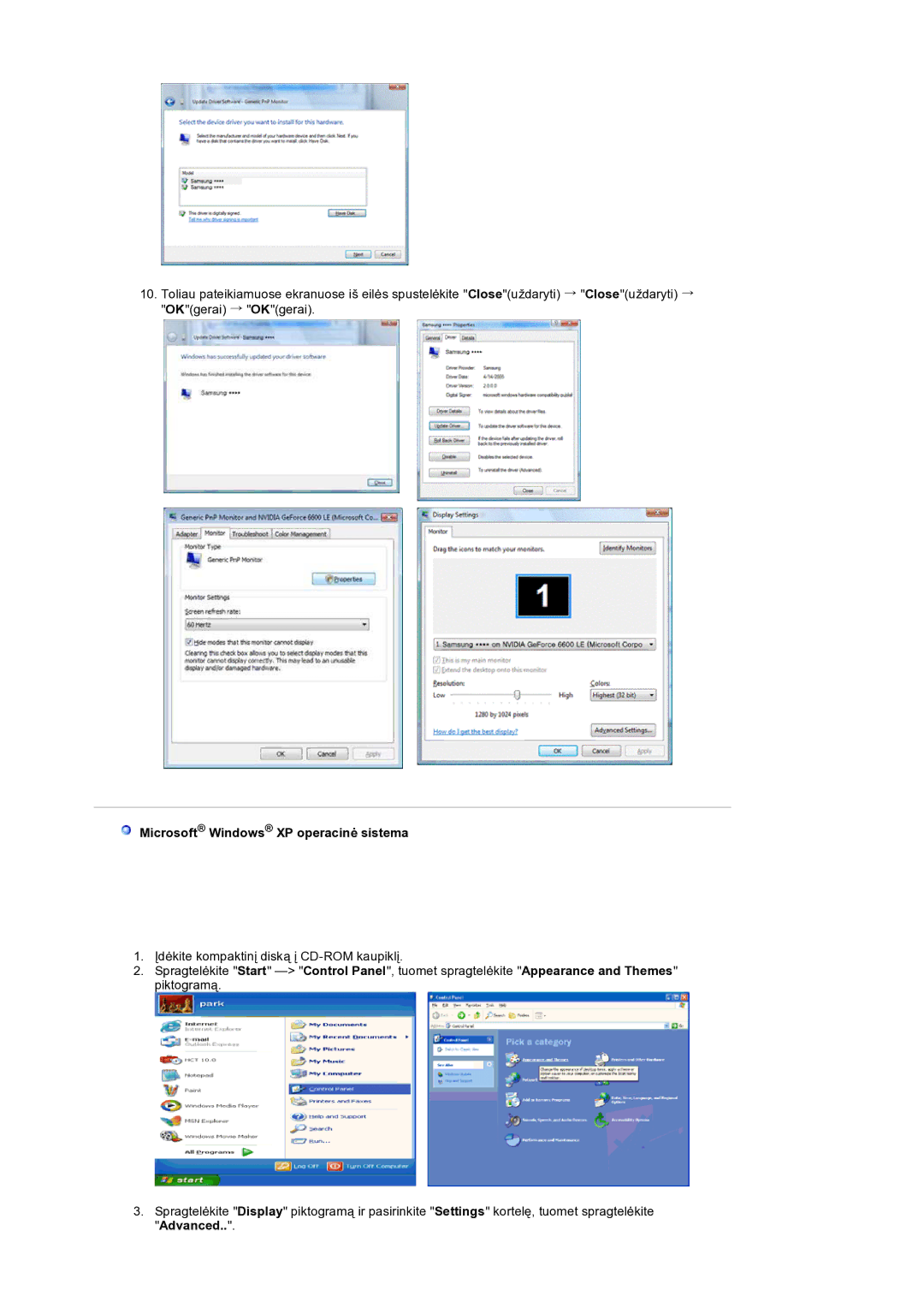 Samsung LS19HANSSB/EDC manual Microsoft Windows XP operacinė sistema 