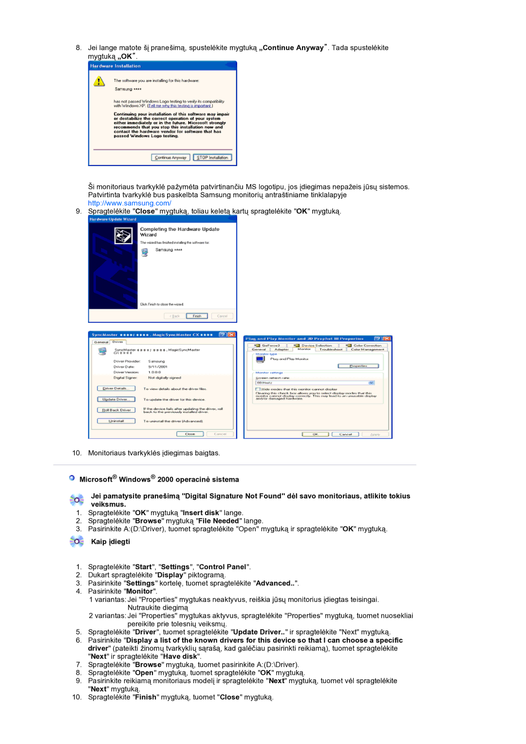 Samsung LS19HANSSB/EDC manual Kaip įdiegti Spragtelėkite Start, Settings, Control Panel 