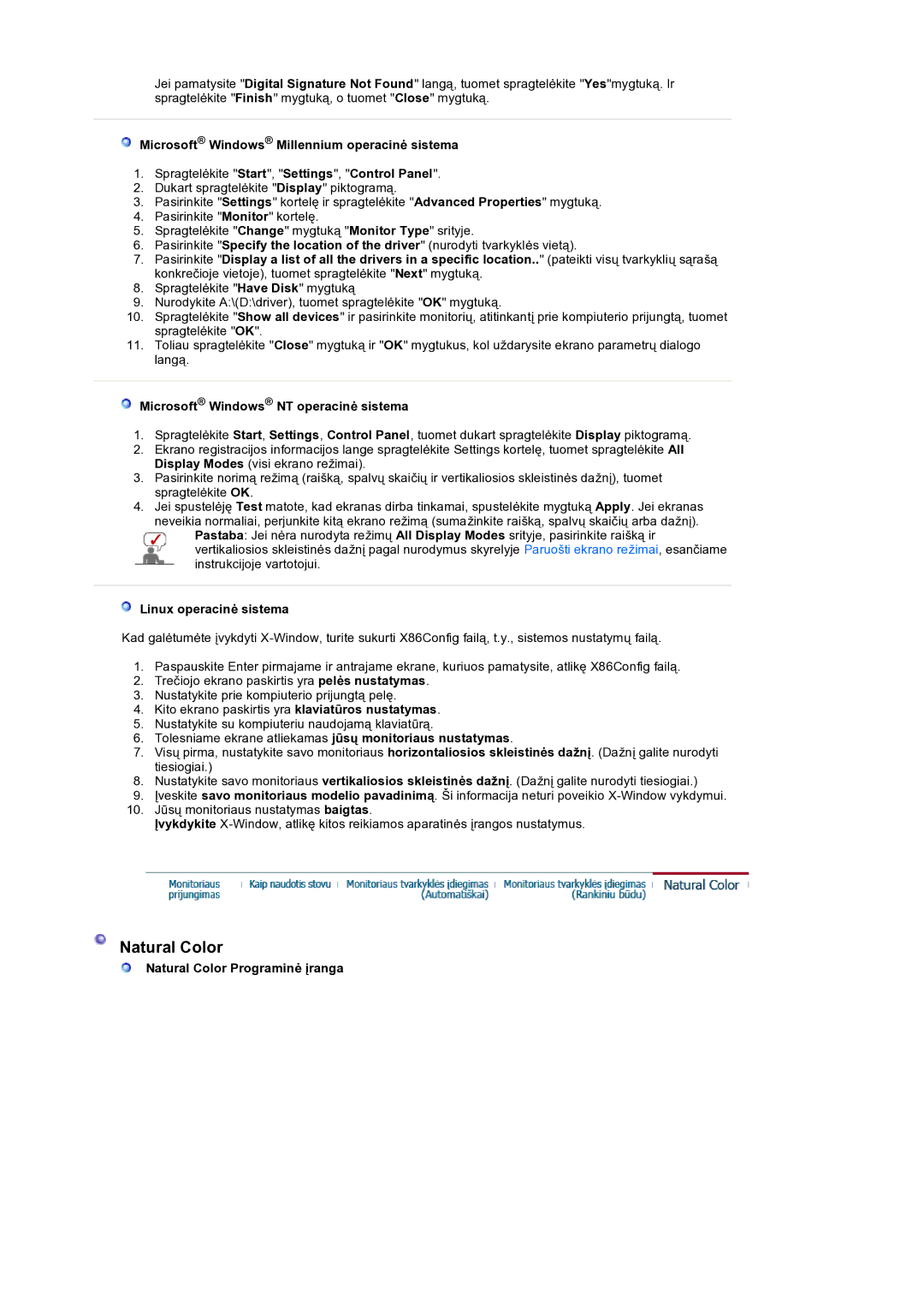 Samsung LS19HANSSB/EDC manual Natural Color, Microsoft Windows NT operacinė sistema, Linux operacinė sistema 