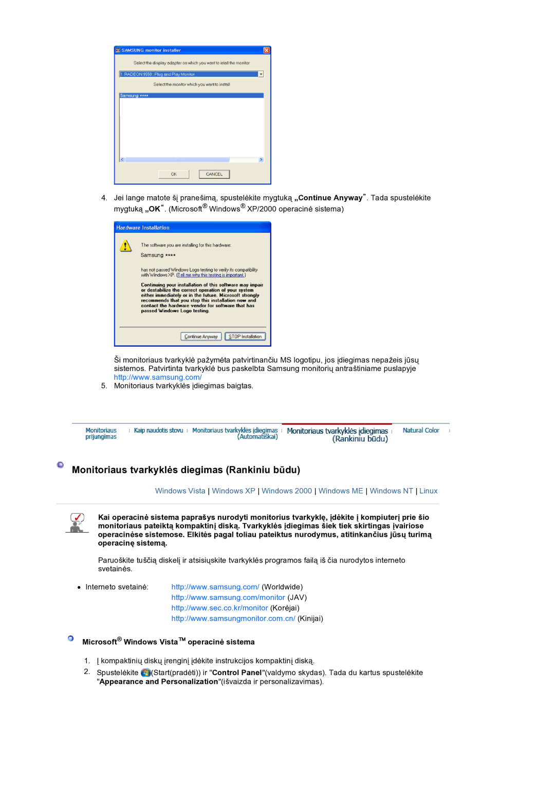 Samsung LS19HANSSB/EDC manual Monitoriaus tvarkyklės diegimas Rankiniu būdu 