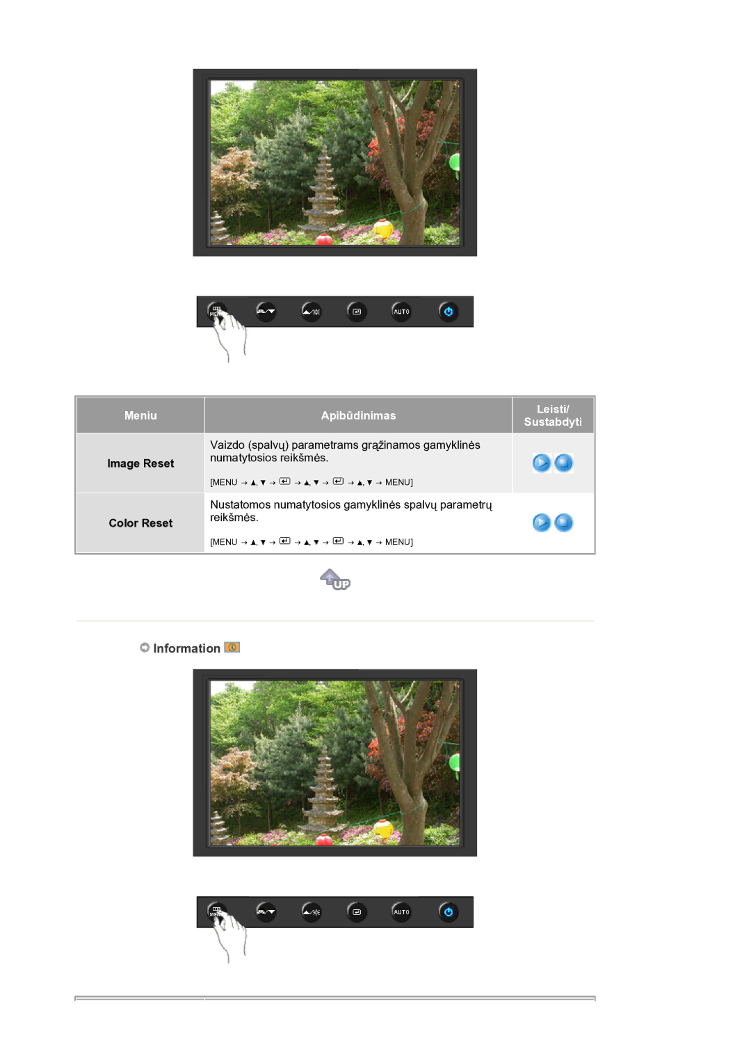 Samsung LS19HANSSB/EDC manual Meniu Apibūdinimas Leisti Sustabdyti, Image Reset, Color Reset 