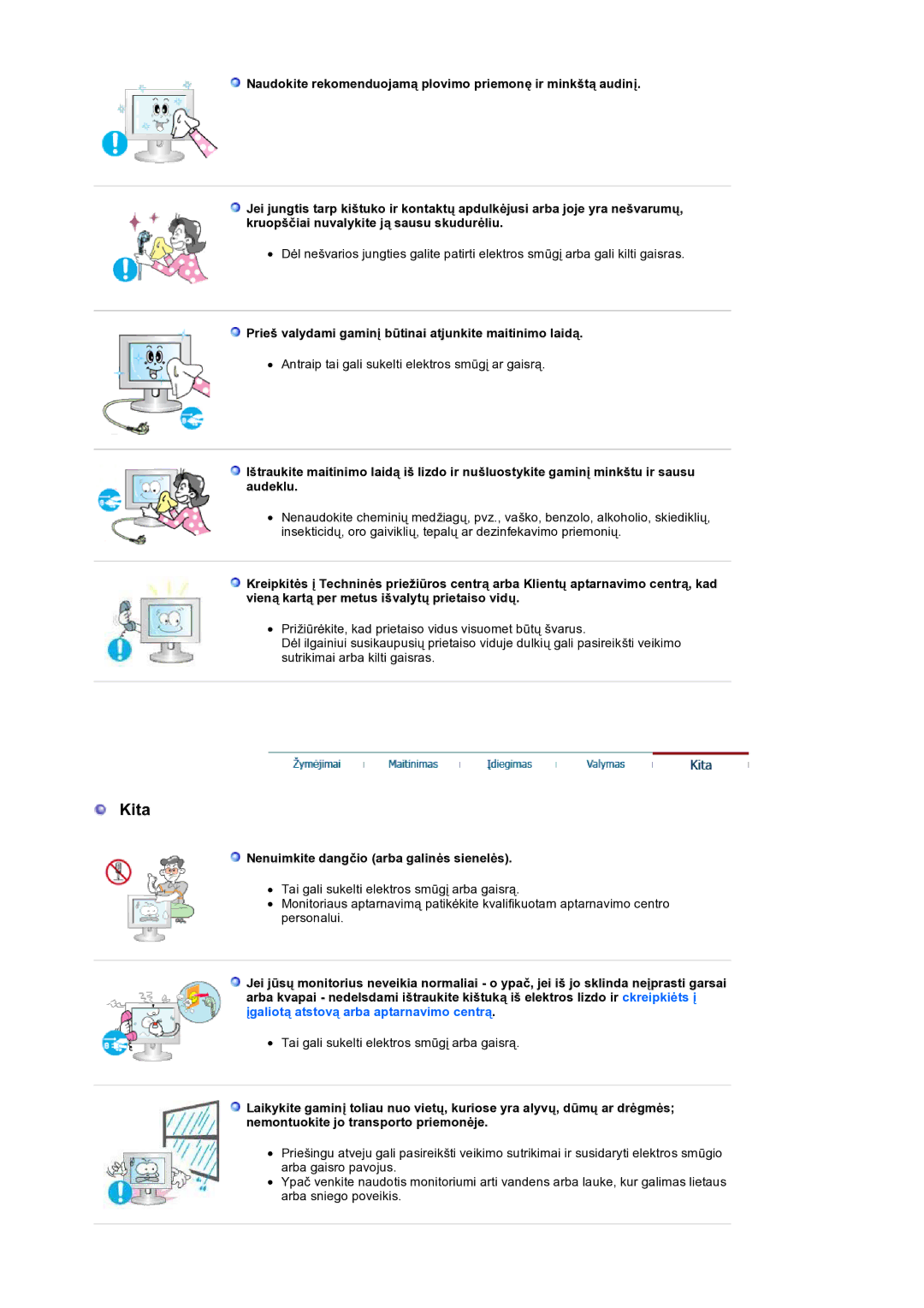 Samsung LS19HANSSB/EDC manual Kita, Prieš valydami gaminį būtinai atjunkite maitinimo laidą 