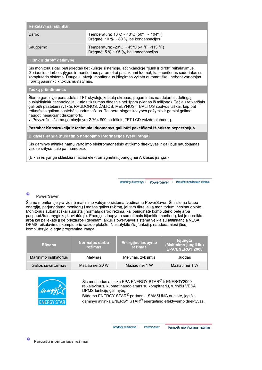 Samsung LS19HANSSB/EDC manual Reikalavimai aplinkai, Įjunk ir dirbk galimybė, Taškų priimtinumas, Mėlynas 