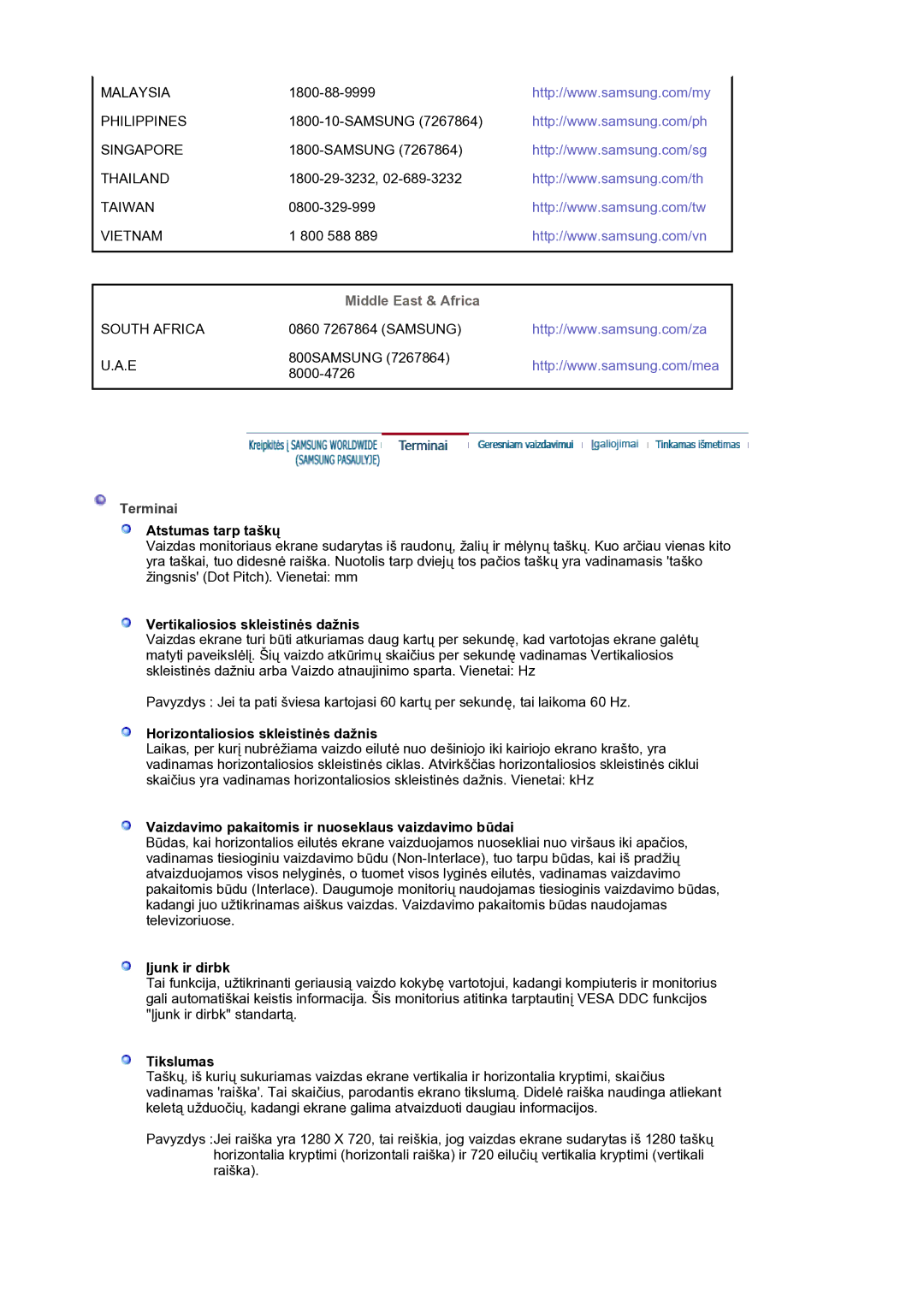 Samsung LS19HANSSB/EDC manual Atstumas tarp taškų, Vertikaliosios skleistinės dažnis, Horizontaliosios skleistinės dažnis 