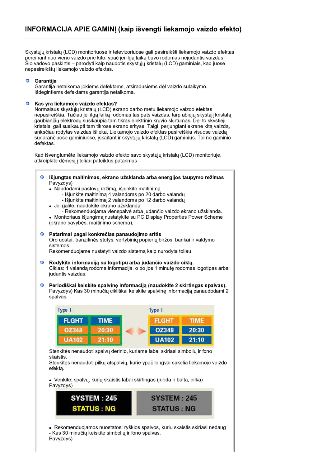 Samsung LS19HANSSB/EDC manual Garantija, Kas yra liekamojo vaizdo efektas?, Patarimai pagal konkrečias panaudojimo sritis 