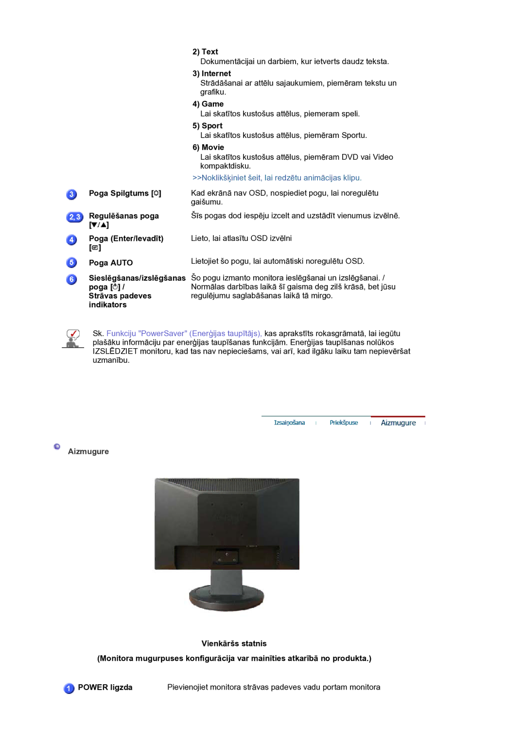 Samsung LS19HANSSB/EDC Text, Dokumentācijai un darbiem, kur ietverts daudz teksta, Internet, Grafiku, Game, Sport, Movie 